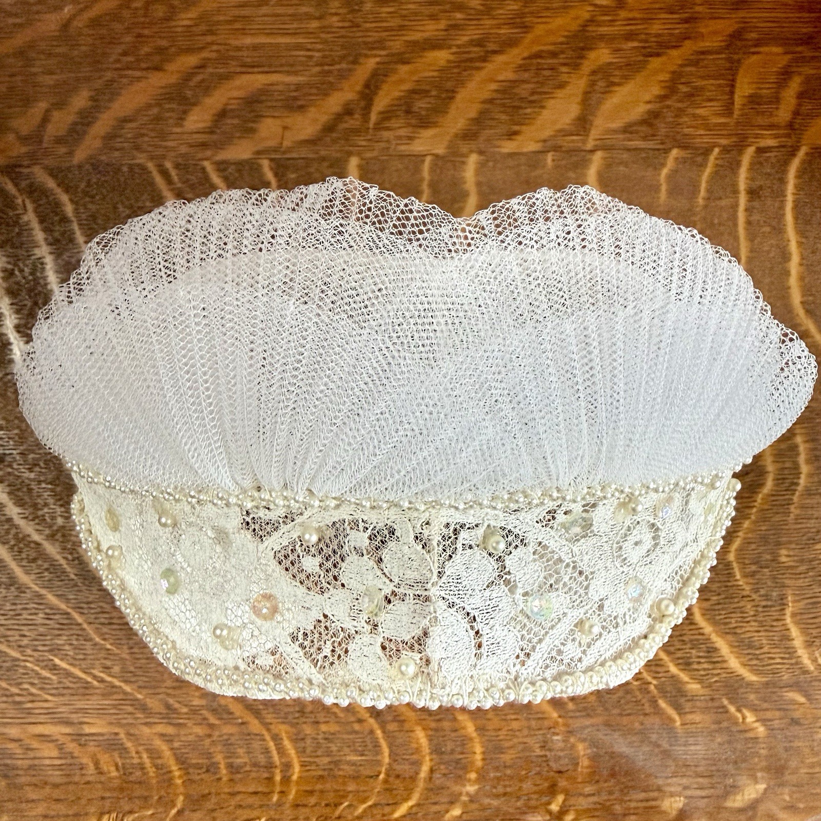 VTG 50s MCM Ivory Cupcake Accordion Tulle Lace Satin Wedding Dress & Headpiece