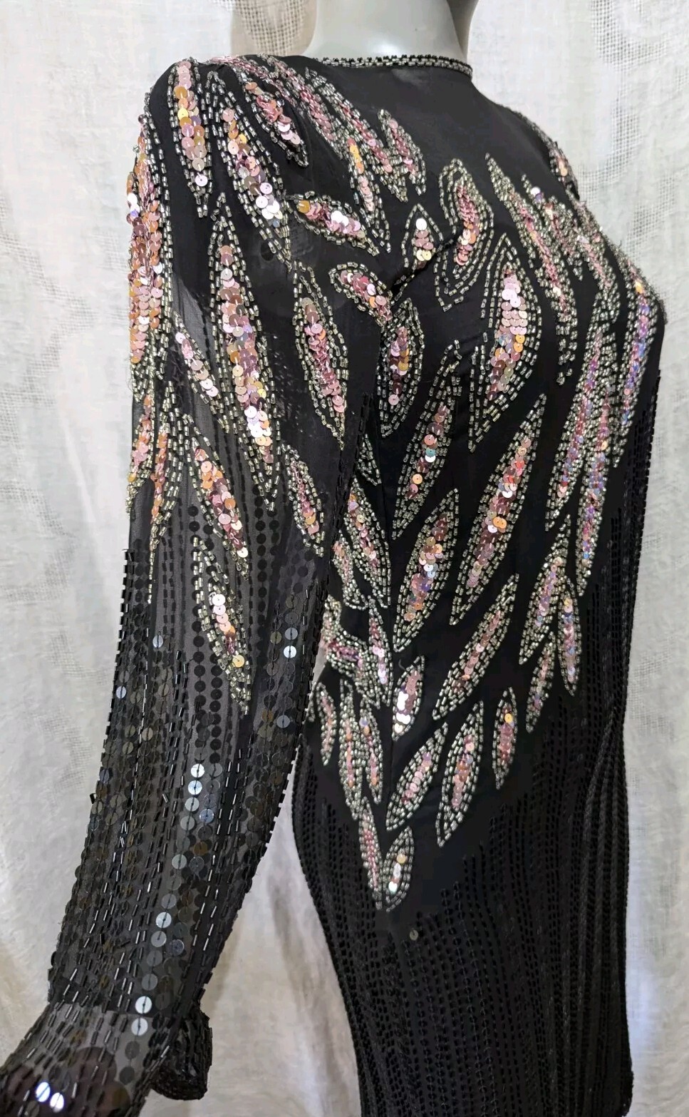 VTG Sho Max Originals Black Pink Silk Beads & Sequins Cocktail Dress PS
