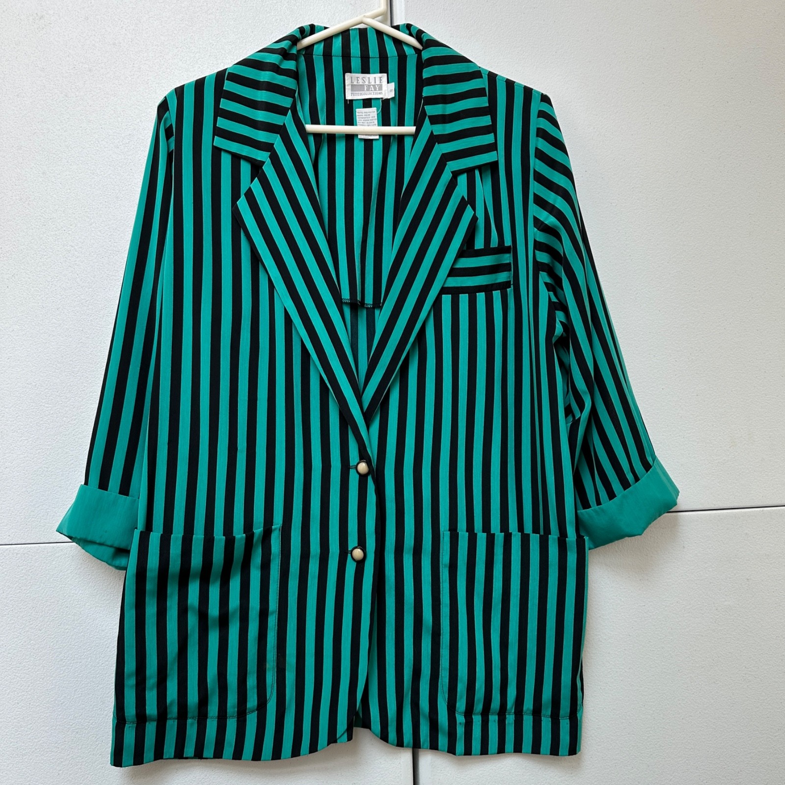 VTG 80s 90s Leslie Fay Striped Blazer 8P Teal Black Beetlejuice Whimsygoth Jacke