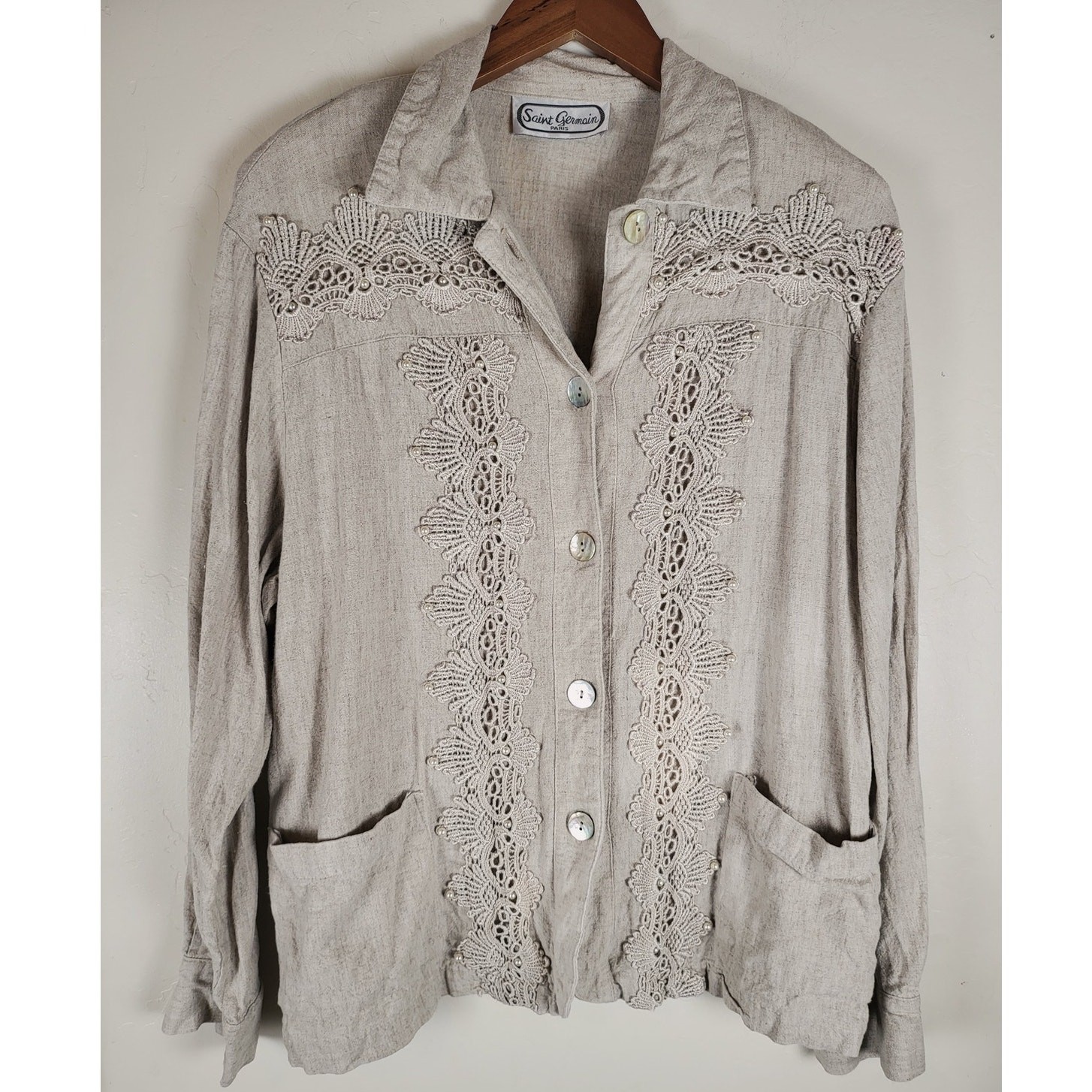 Saint Germain Paris Linen Lace Blouse Medium Cottagecore Boho Rodeo Westernwear