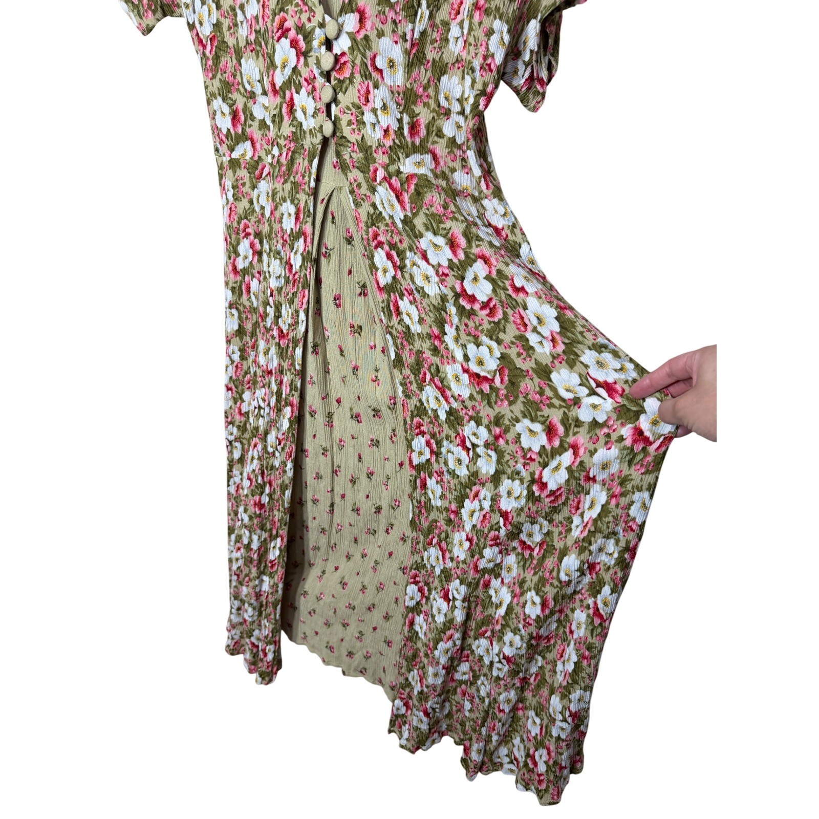 Brett Alixander Vintage Floral Layered Maxi Dress Olive Green Pink Rayon 9/10