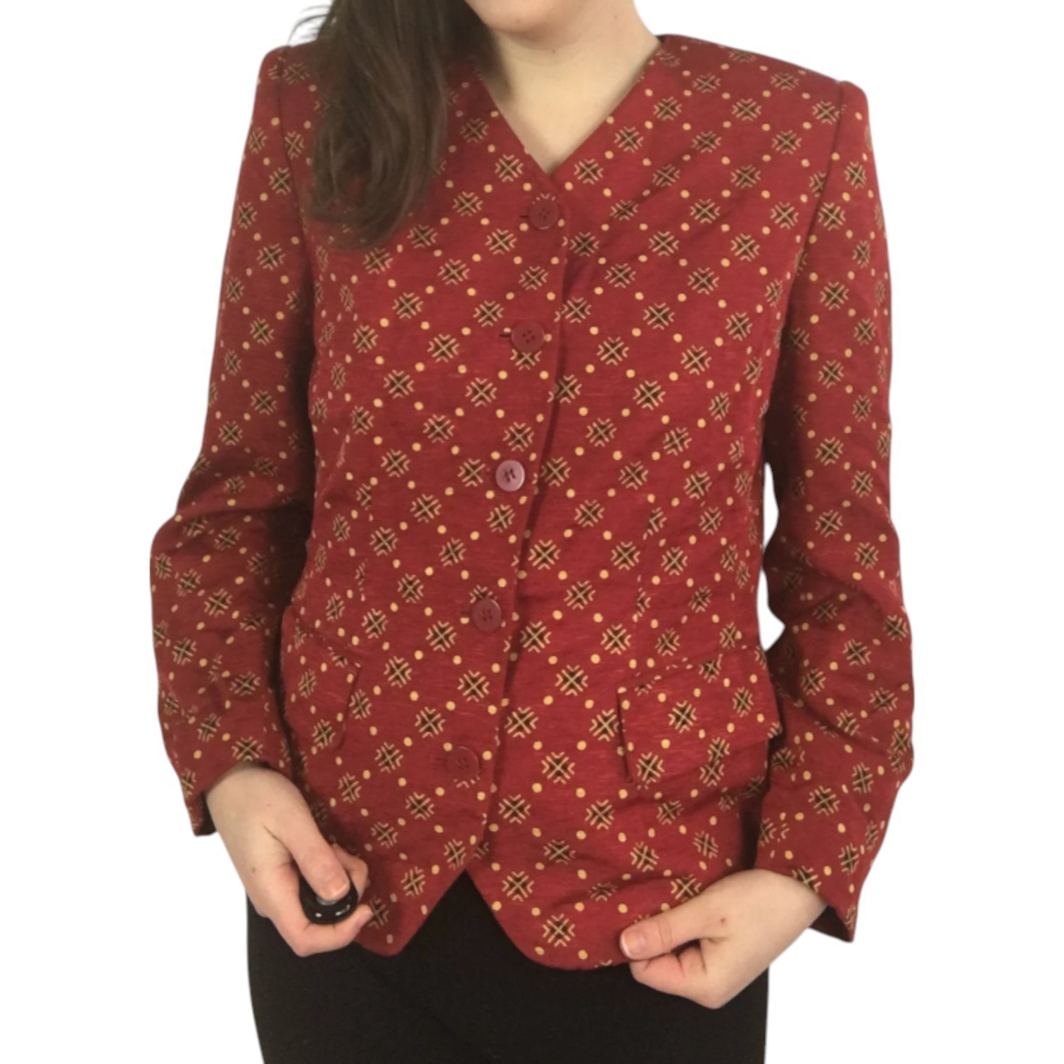 Red Silk Linen Collarless Blazer with Front Flap Pockets, Size 14