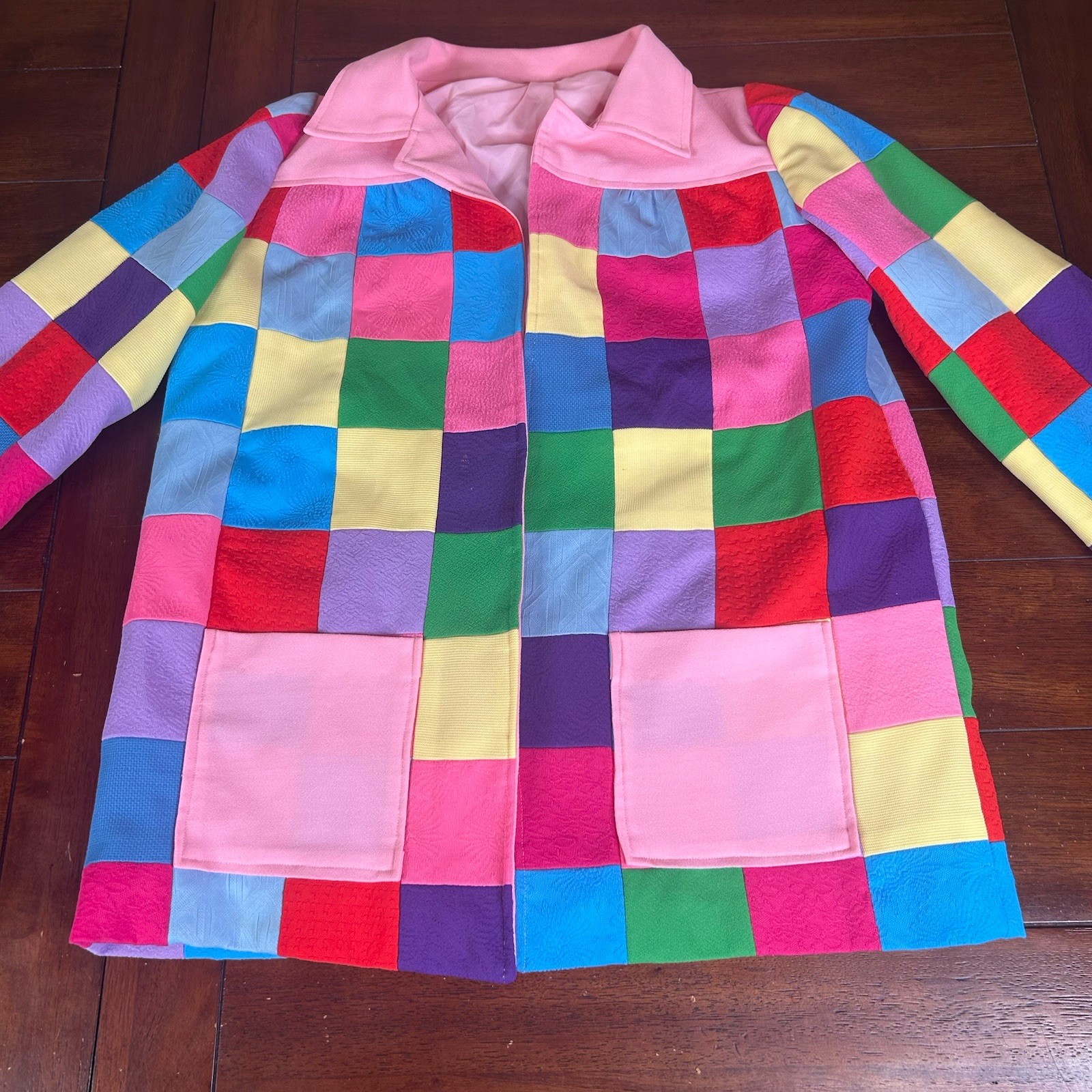 VTG 60s 70s Handmade Women’s Rainbow Polyester Patchwork Open Front Blazer Small