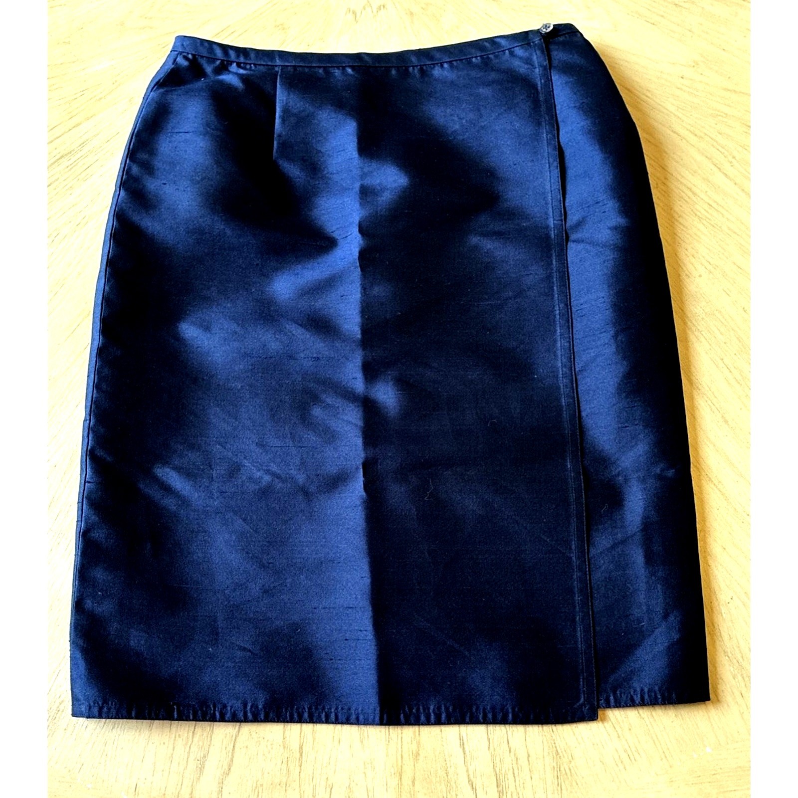Vtg 90s Ralph Lauren Navy 100% Silk Dupioni Wrap Skirt USA UNITE Slubbed Silk 6