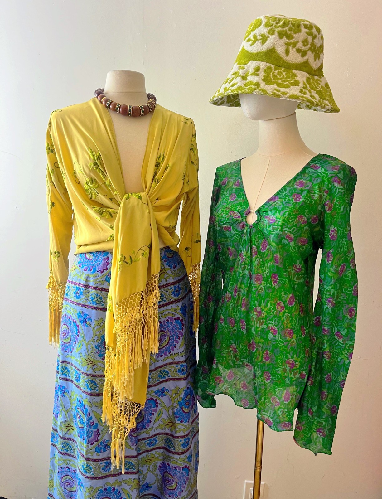 Vintage 60s Chartreuse Silk Embroidered Wrap Cardigan Fringe Cottagecore