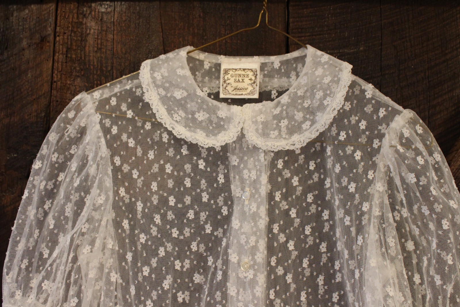Vintage White Blouse Gunne Sax by Jessica Lace Design See Through Floral 1970s