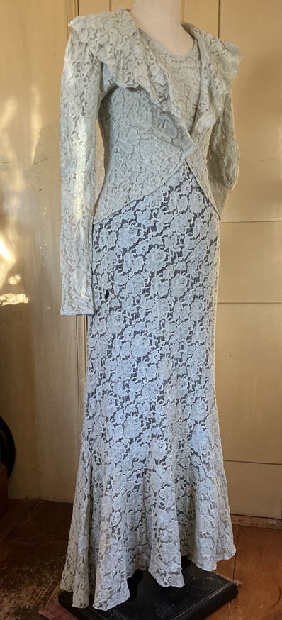 Vtg 1930’s Cotton Lace Gown / Dress w Jacket Light Grey/Blue