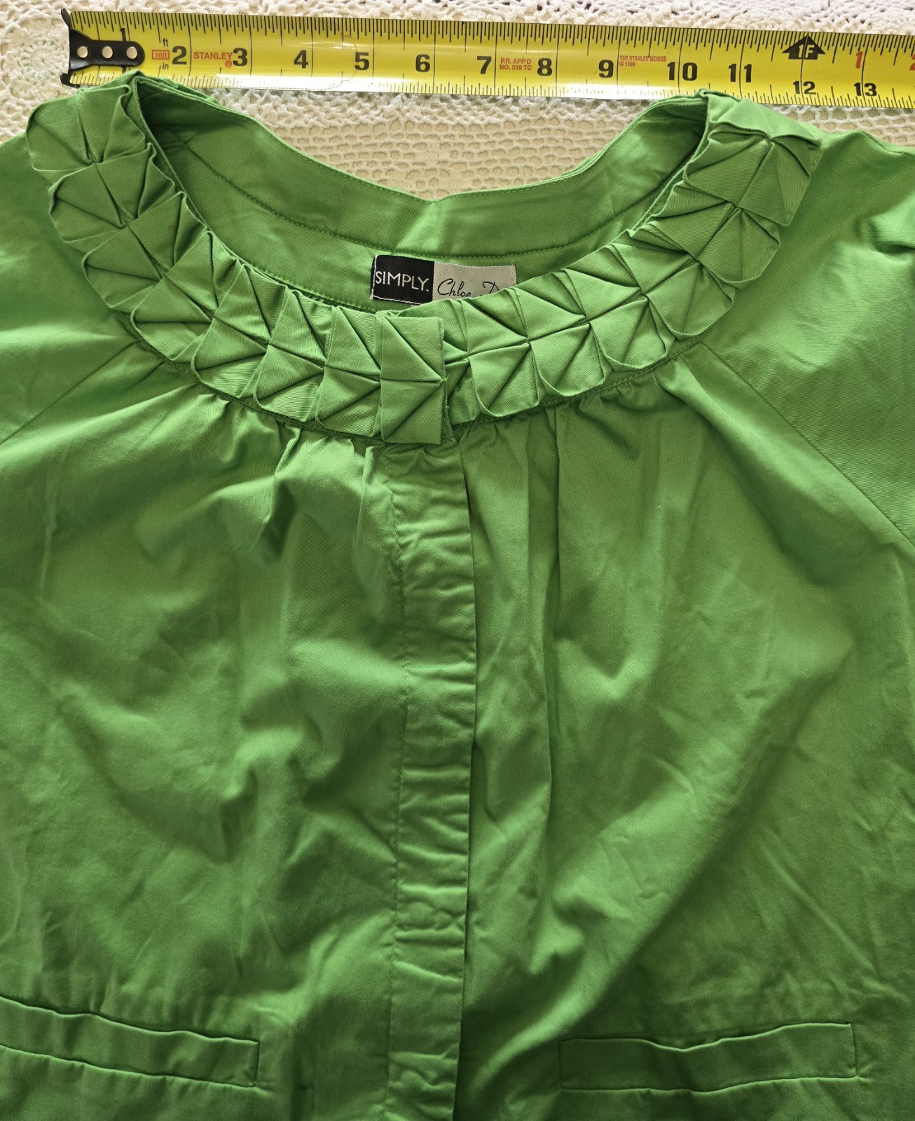SIMPLY Chloe Dao Green Pleated Collar Jacket 1X Plus Size Cotton Stretch