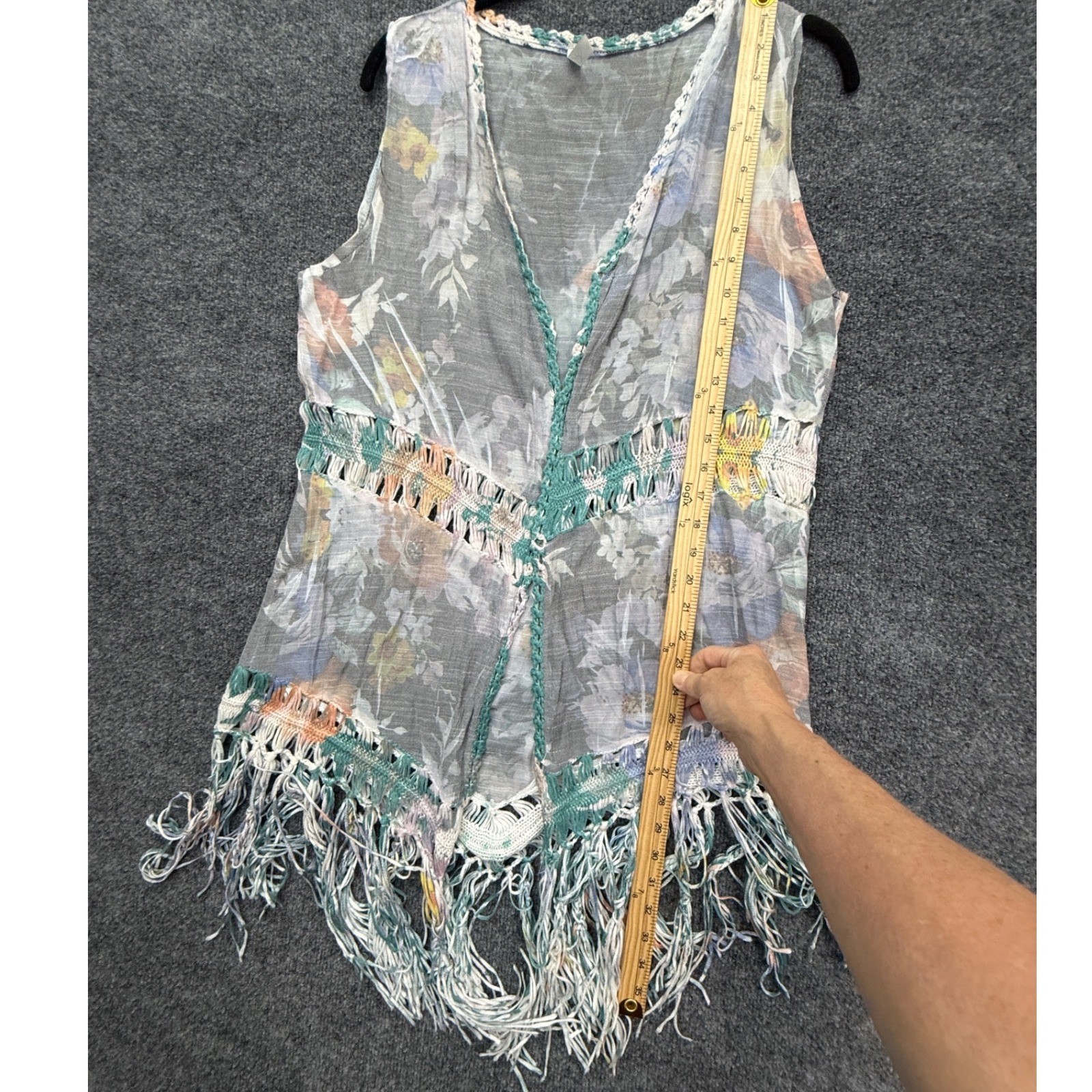 Lapis Floral Fringe Vest Womens Medium Blue Crochet Boho Festival Layering Swim