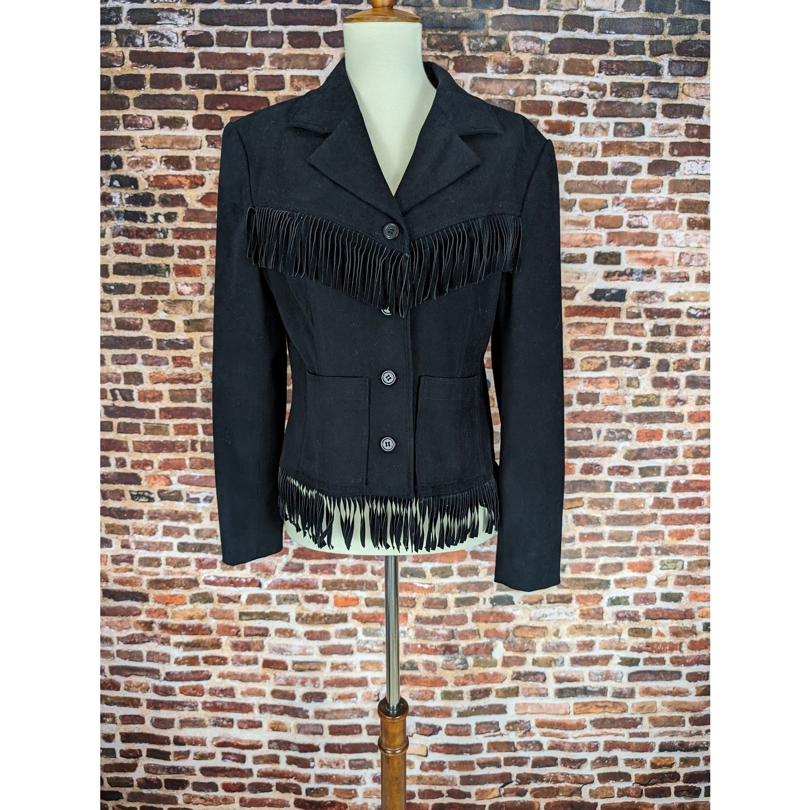 Vintage Black Faux Suede Fringe Jacket Ladies Women’s Sz 4 Small Western Hippie