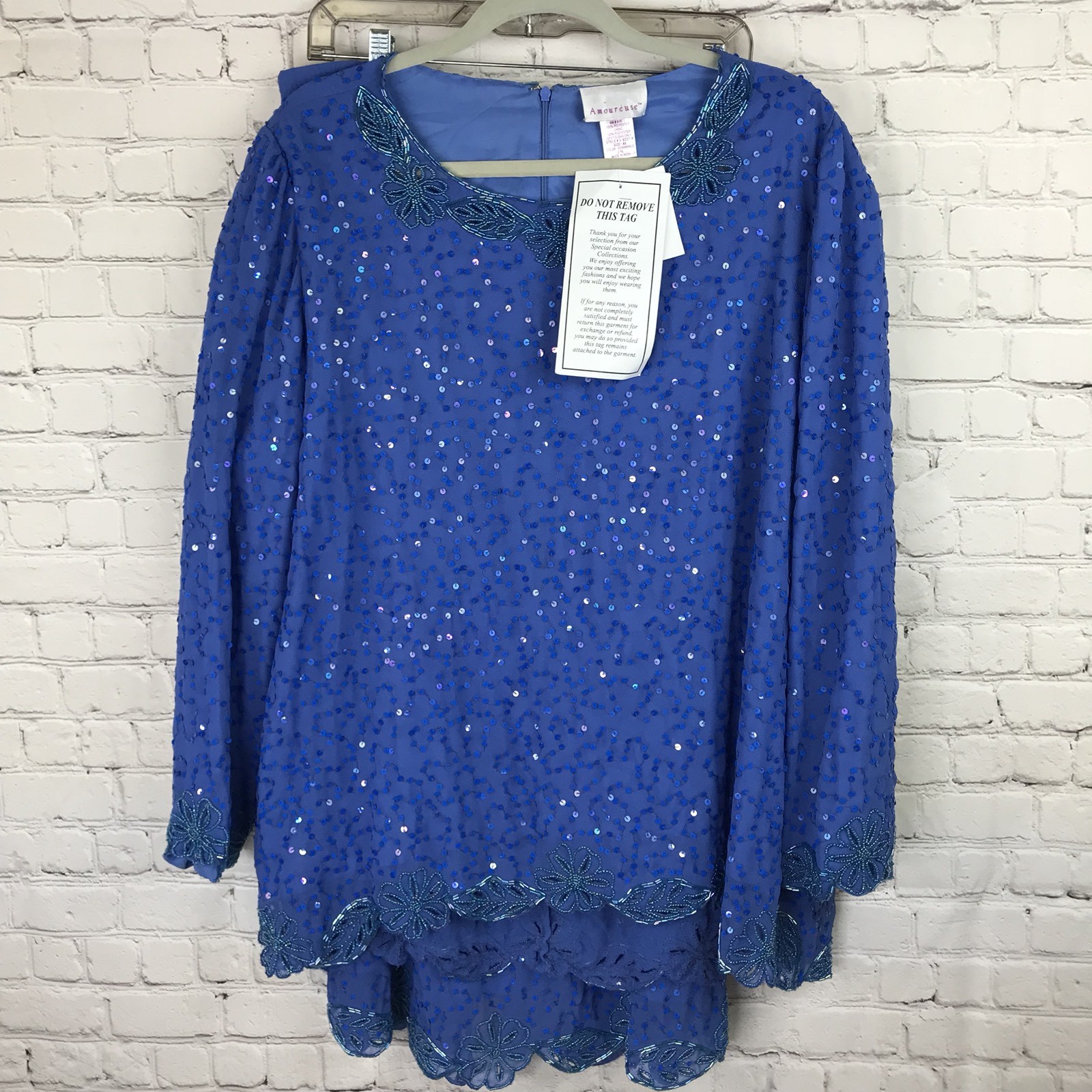 Amoureuse Womens Periwinkle Blue 2 piece Skirt Suit Beaded Sequins Top Party NWT