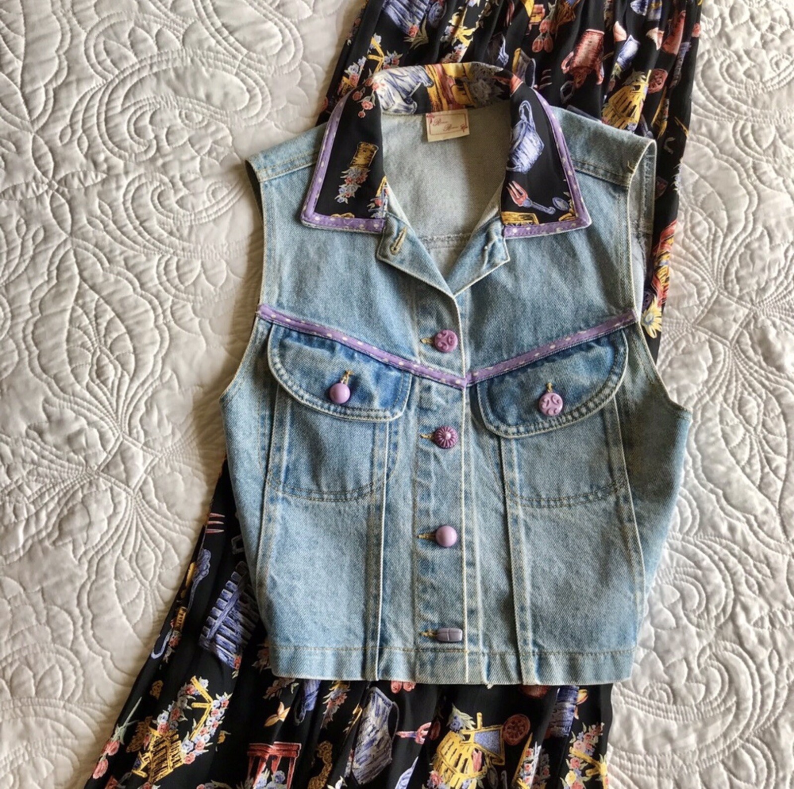 Vintage Y2K Romeo Romeo Embellished Denim Vest Matching Maxi Skirt Garden Theme
