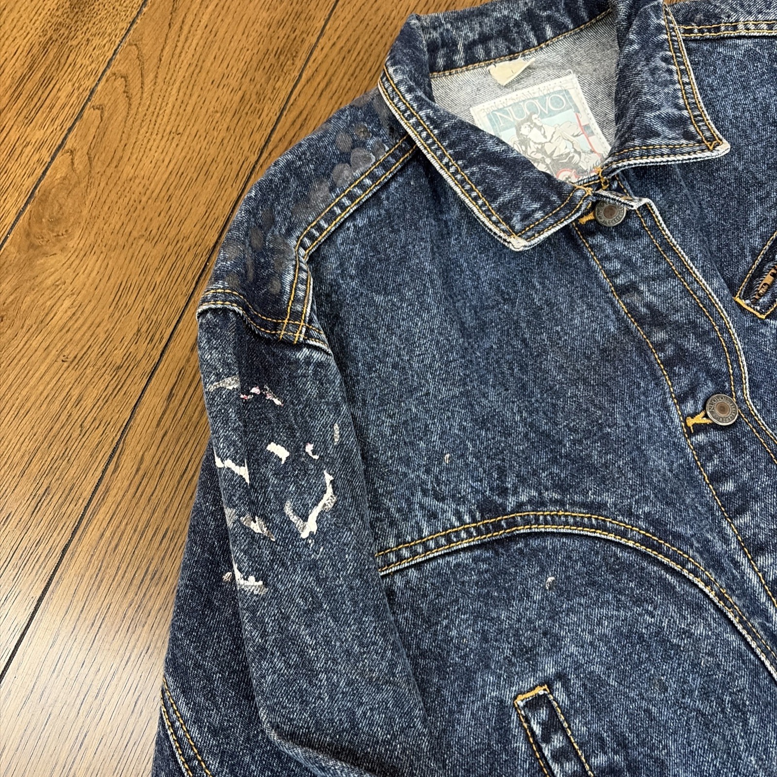 VTG 80s 90s Denim Jacket Nuovo Industriale Sz L WORN THRASHED Glitter Graffiti