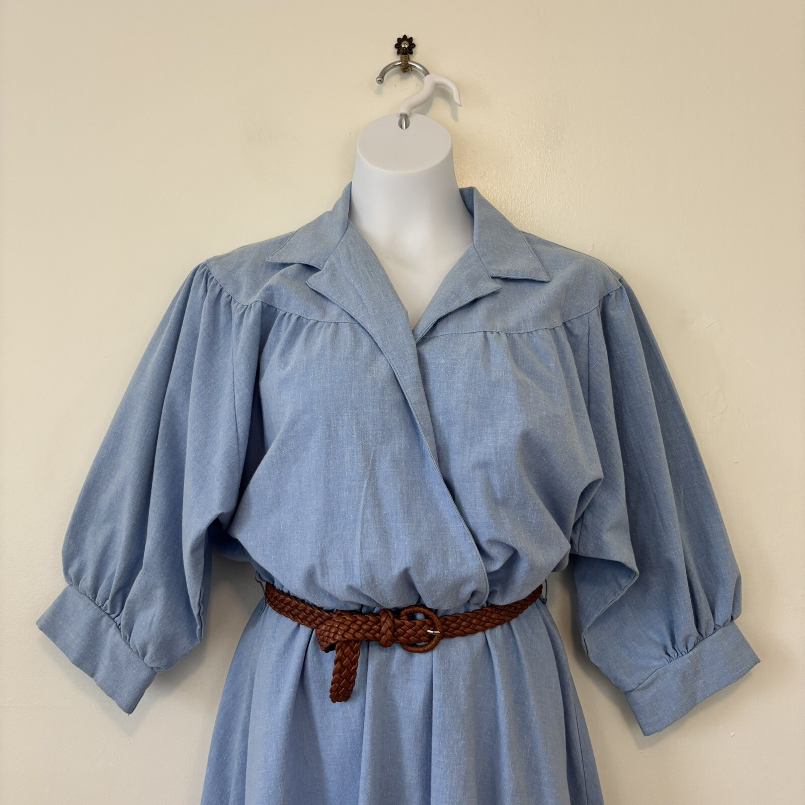 Vintage Blondie And Me Blue Cotton Dress Small Medium Midi Puff Sleeve