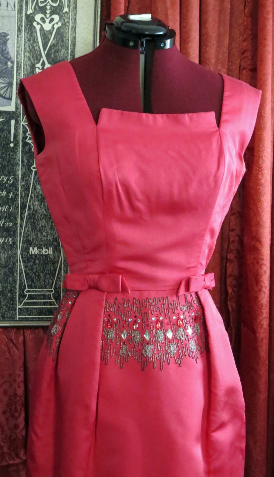 1950s 1960s Hot Pink 100% Silk Beaded Cocktail Party Dress Marjorie Michael S