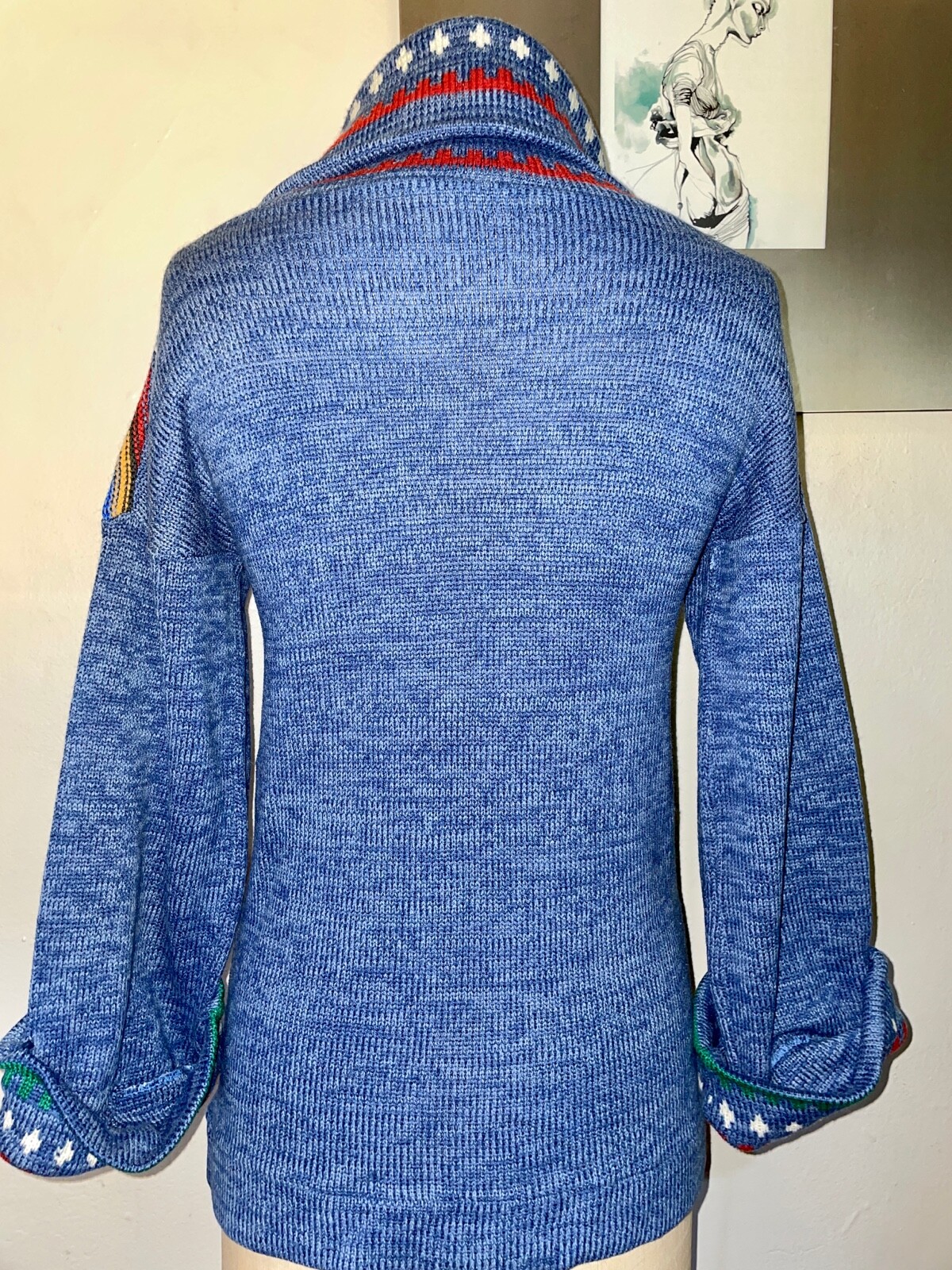 VTG 70’S BOHO HIPPY SOUTHWEST NATIVE PRINT BLUE TURTLENECK A-LINE SWEATER*S