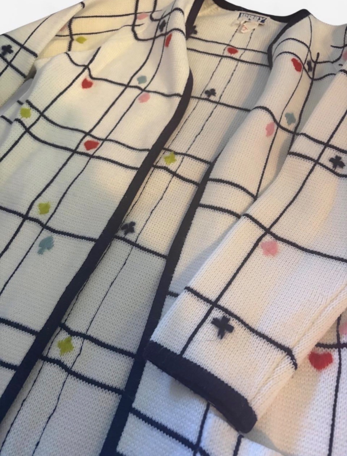 Vintage Leroy cardigan white with black grid pattern ft. hearts etc