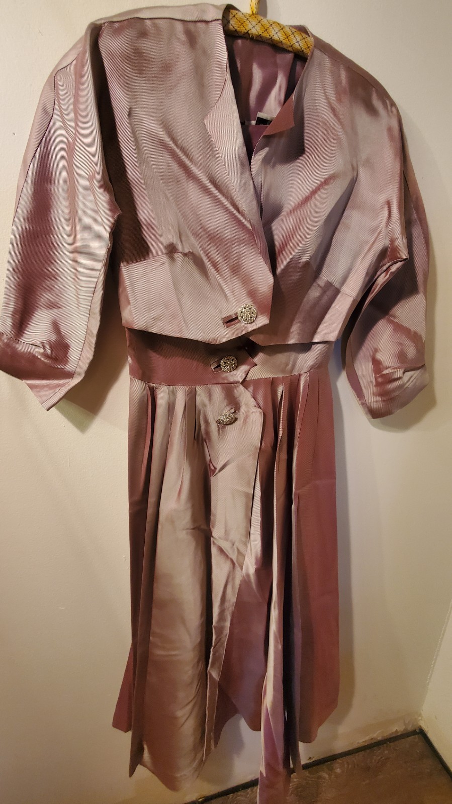 1950 Dress/Bolero Jacket Set Lavender Iridescent Taffeta with Rhinestone Buttons