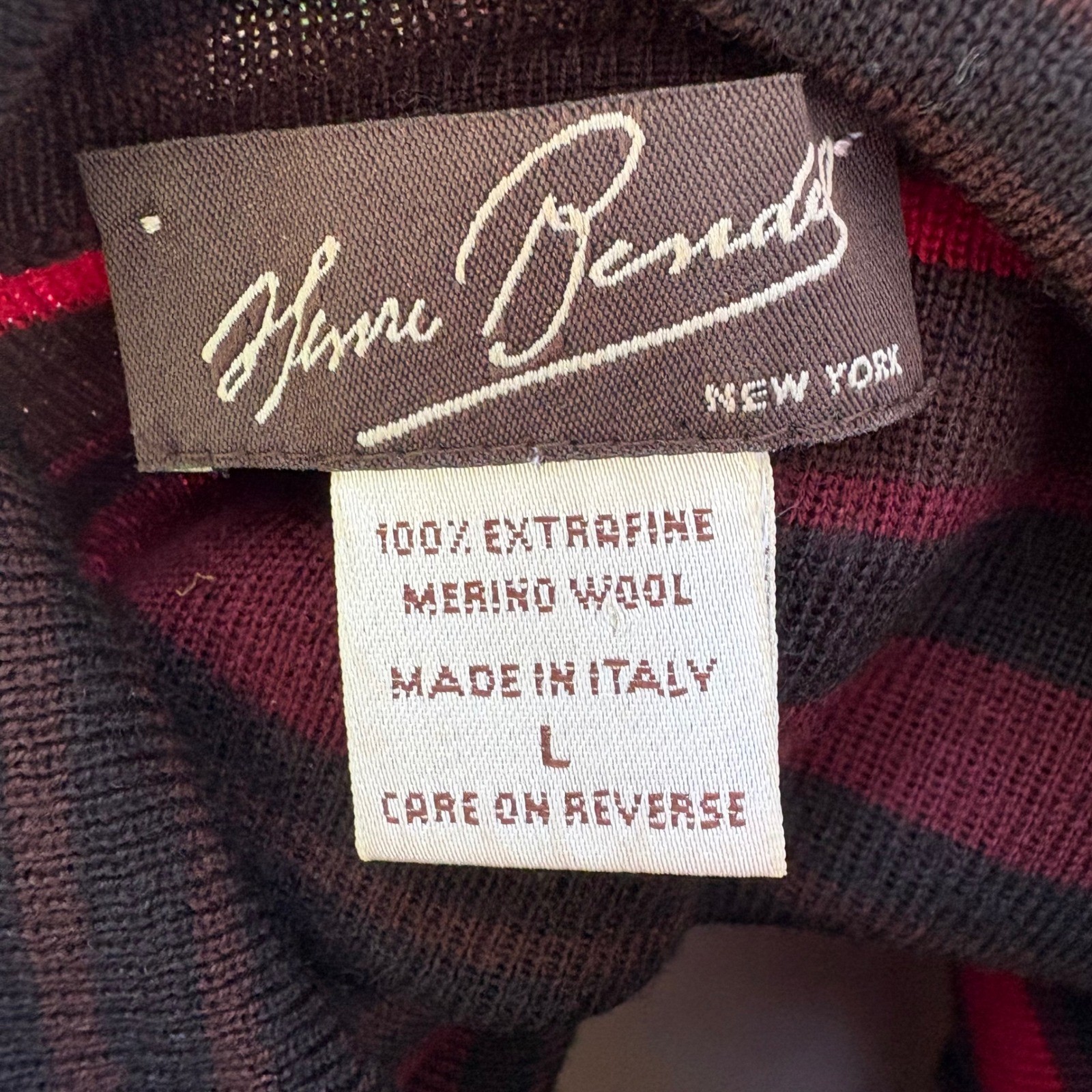 VTG Henri Bendel Sweater Turtleneck L Red Brown Striped Extrafine Merino Wool