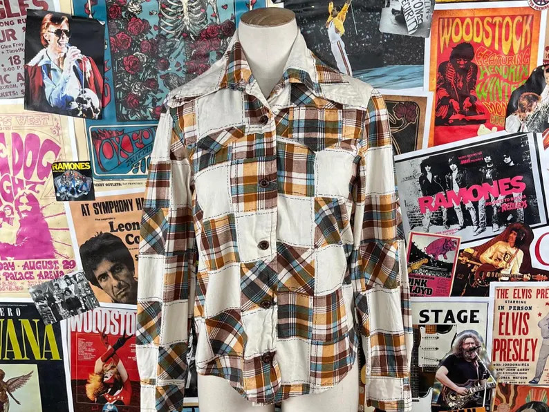 Vtg 70s Khaki Patchwork Plaid Linen Disco Blouse Rockabilly Western Shirt PXS