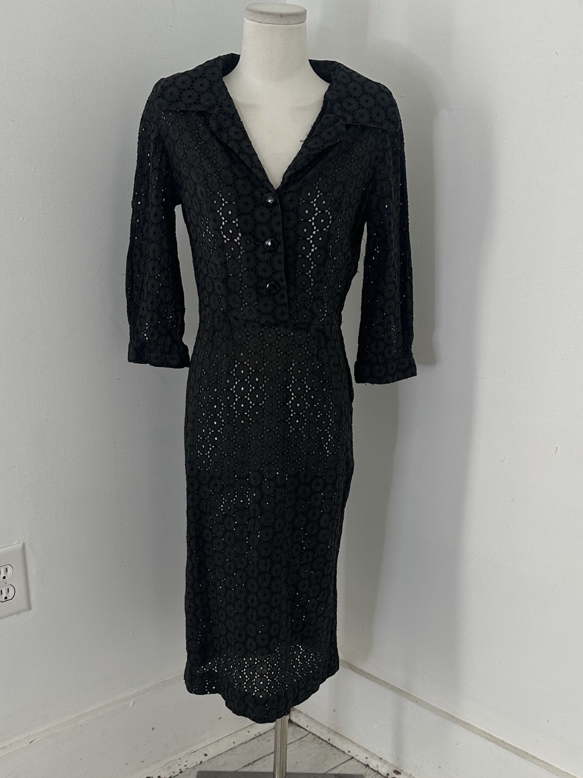 Vintage 40s Charcoal Lace Day Dress Size Small