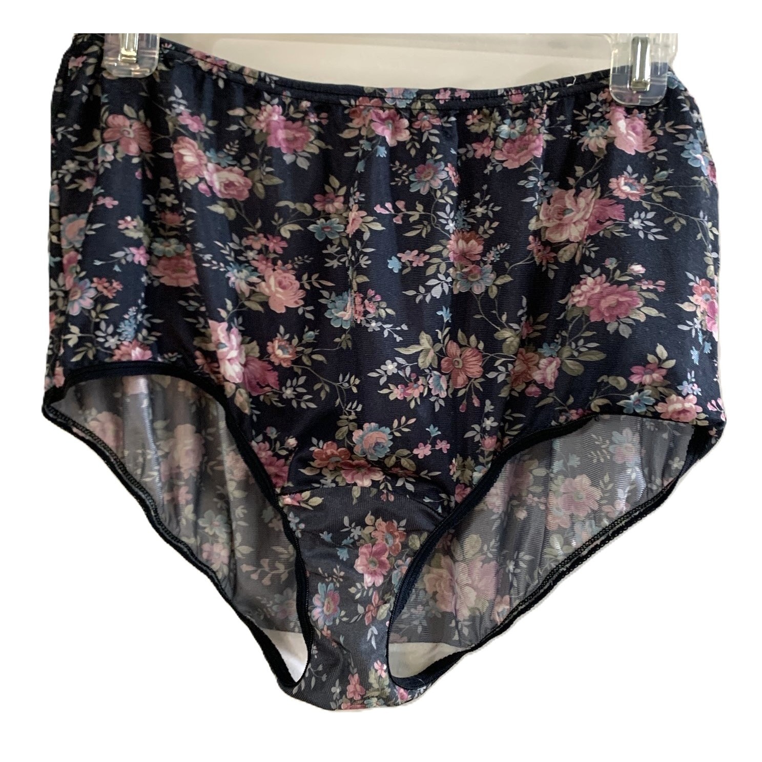 Vintage Vanity Fair Panties Black Pink & Blue Floral 100% Nylon Size 7 / 44 NWOT