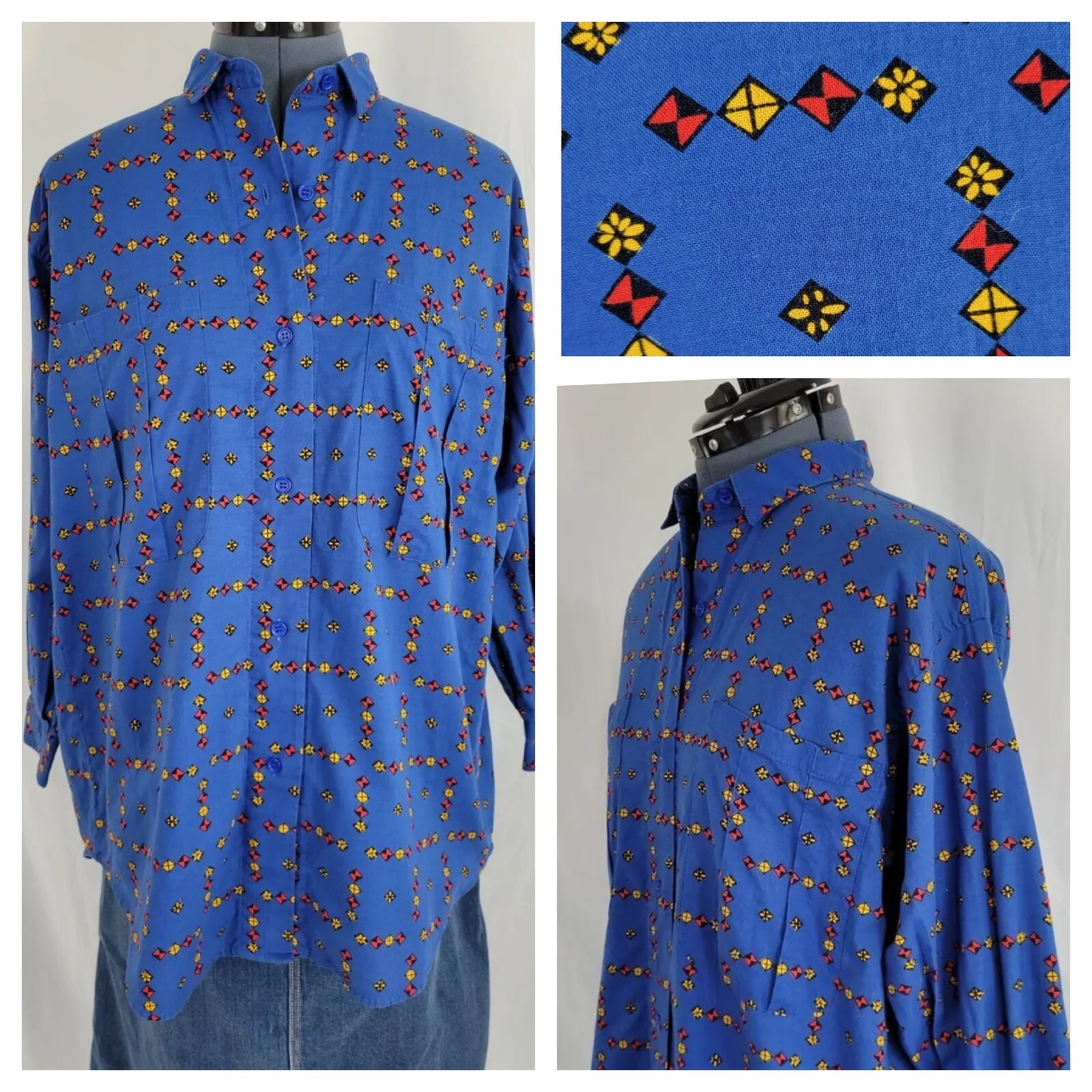 Vintage Genesis Oversized Blue Patterned Button Down Top Size Small