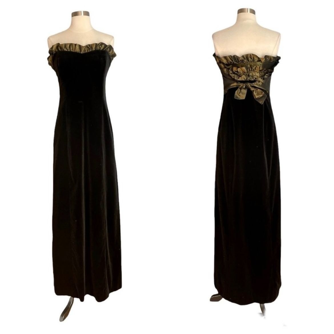 Vintage 90s Laura Ashley Black Velvet Gown Dress w/Olive Green Ruffle Trim S