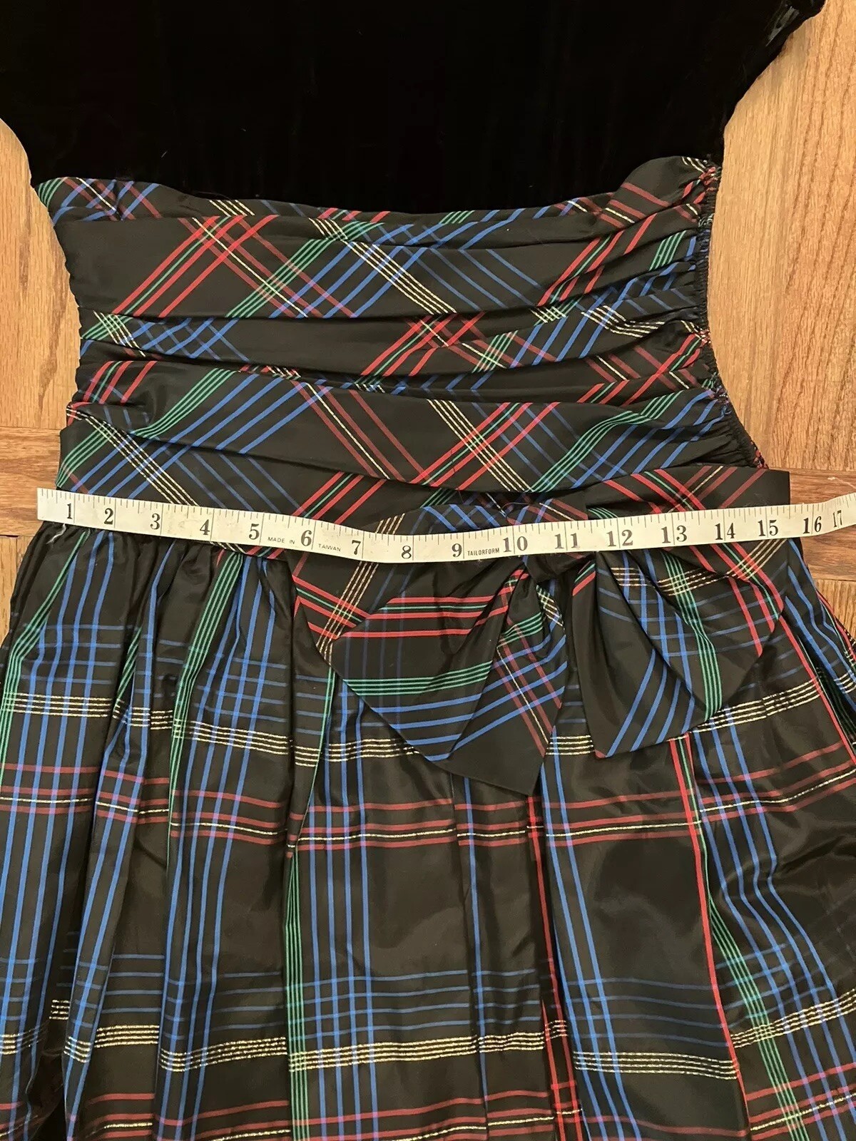 1980s Patty O`Neil Velvet & Plaid Taffeta Evening Dress, Ruching & Bow Size XS-S