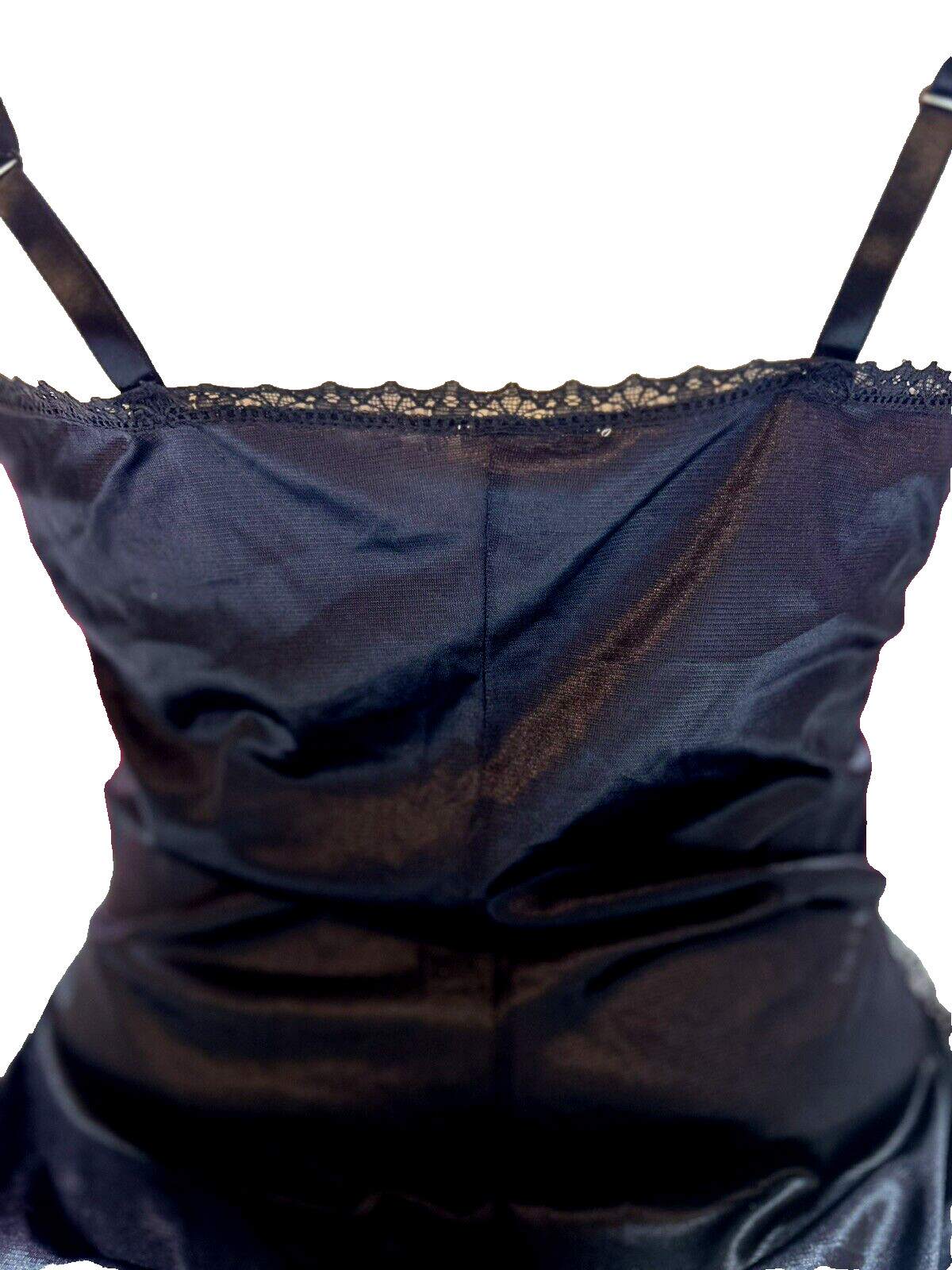 💖Vtg Delicates Sz S Lingerie Satin Nylon & Lace Black Slip Bodysuit Teddy Sissy