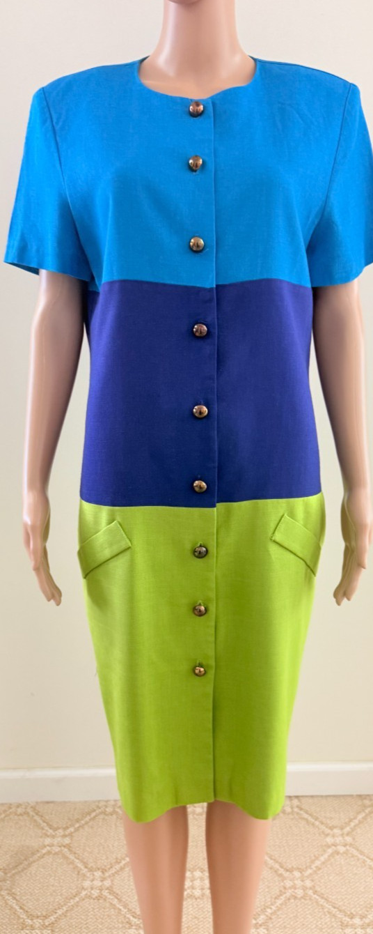Vtg. SAKS FIFTH AVENUE Rayon/Linen Blend Color-Block Dress Size 10