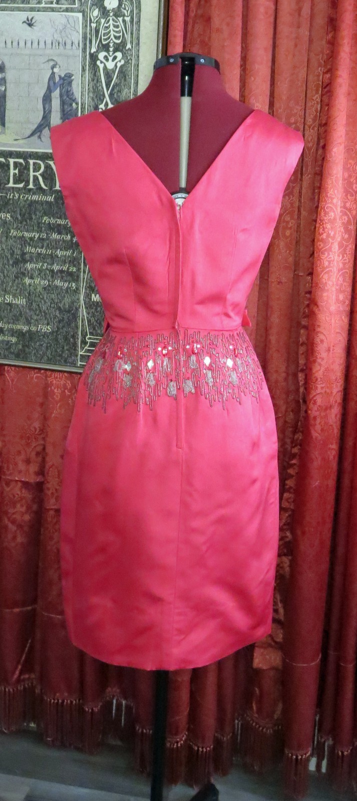 1950s 1960s Hot Pink 100% Silk Beaded Cocktail Party Dress Marjorie Michael S