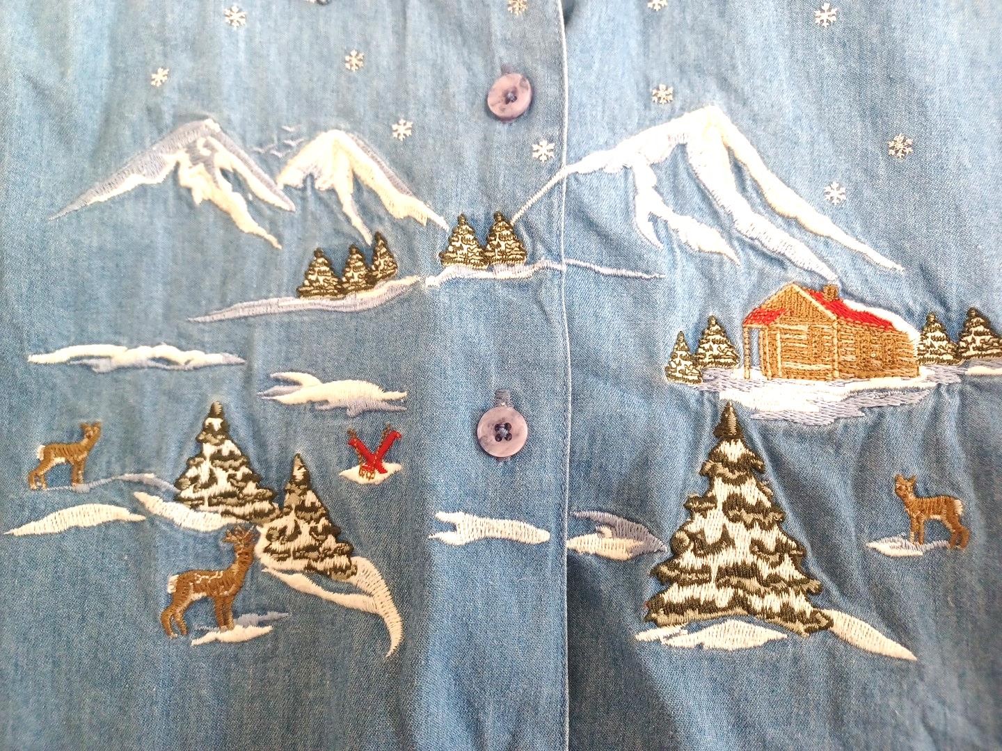 Northern Reflections VTG Denim Womens Shirt Sz M Mountain Snow Deer Cabin Winter