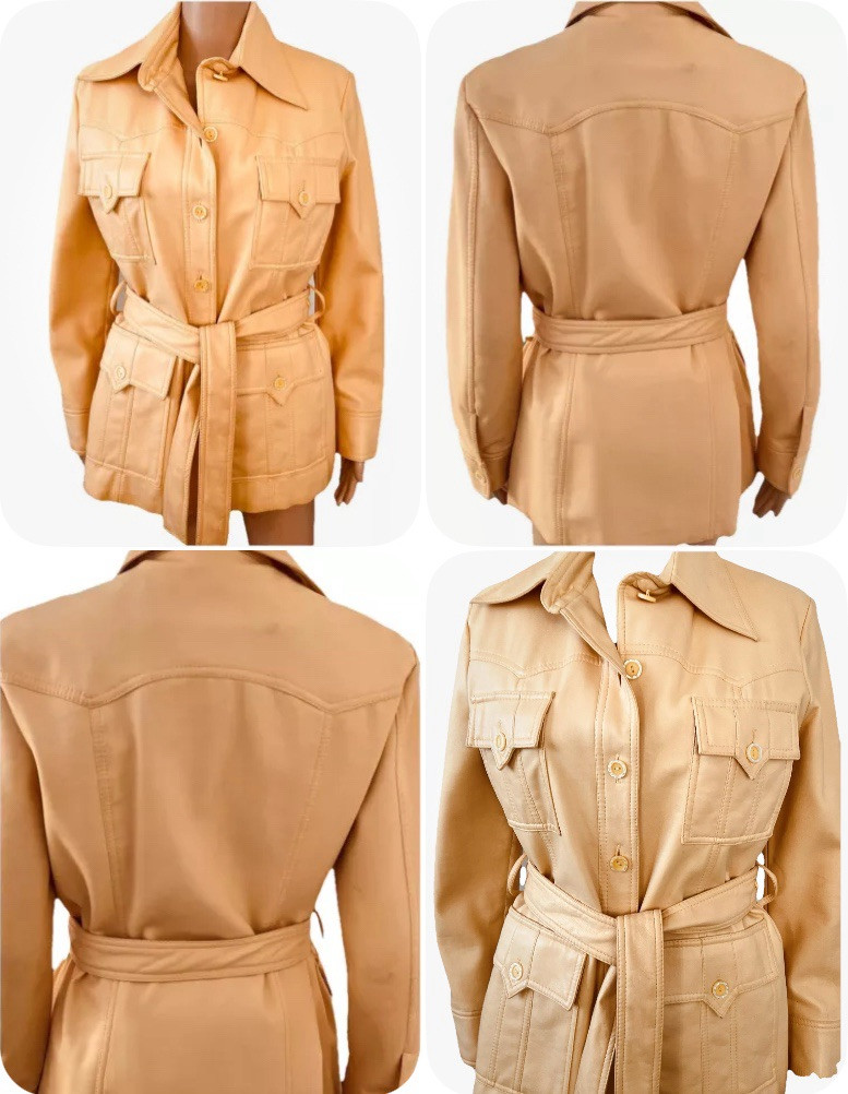VTG 70s Pacific Trail Jaquette Faux Leather PVC Belted Jacket Coat Womens 13