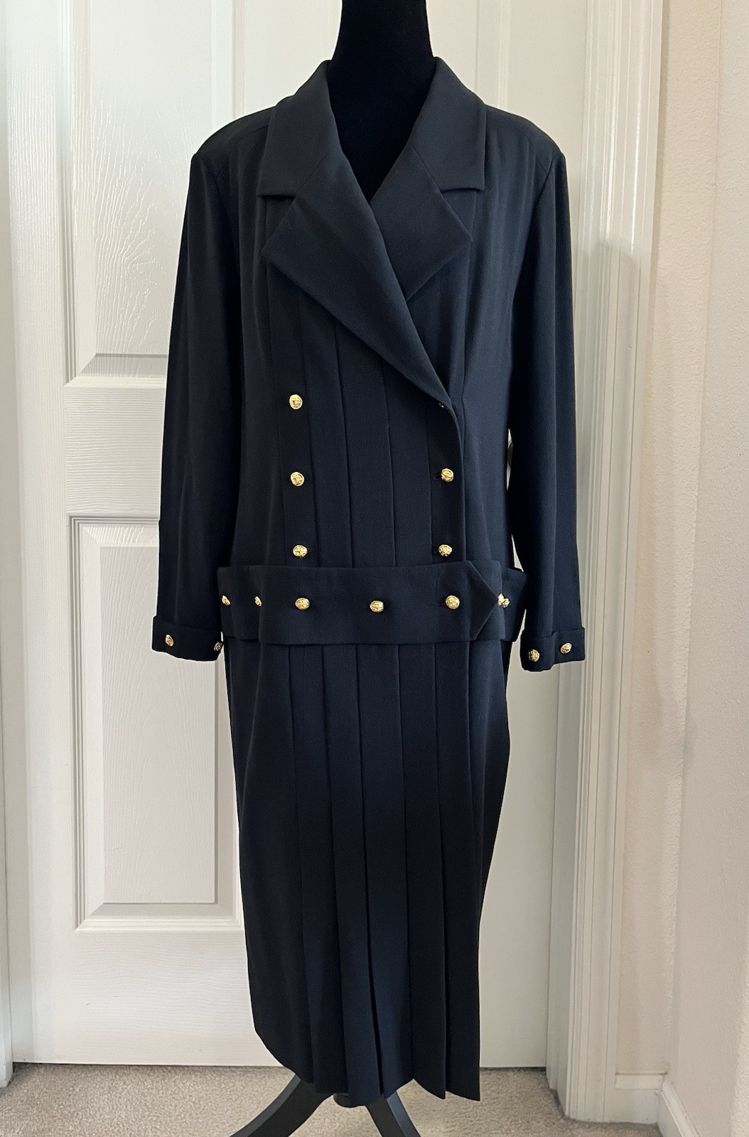 Vintage CHANEL Boutique Black Jacket Dress w/ Gold Buttons, 100% Wool, Size 42