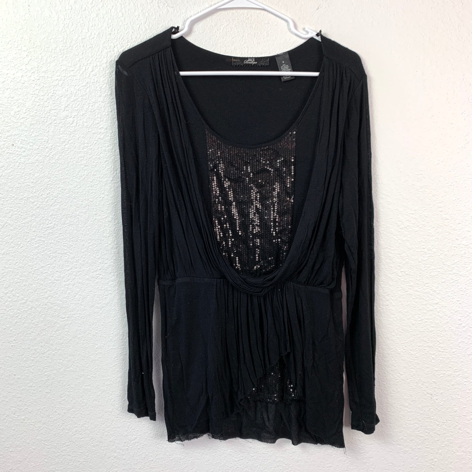Y2K BKE Boutique Draped Sequin Top Long Sleeve Black Womens Small Mob Wife