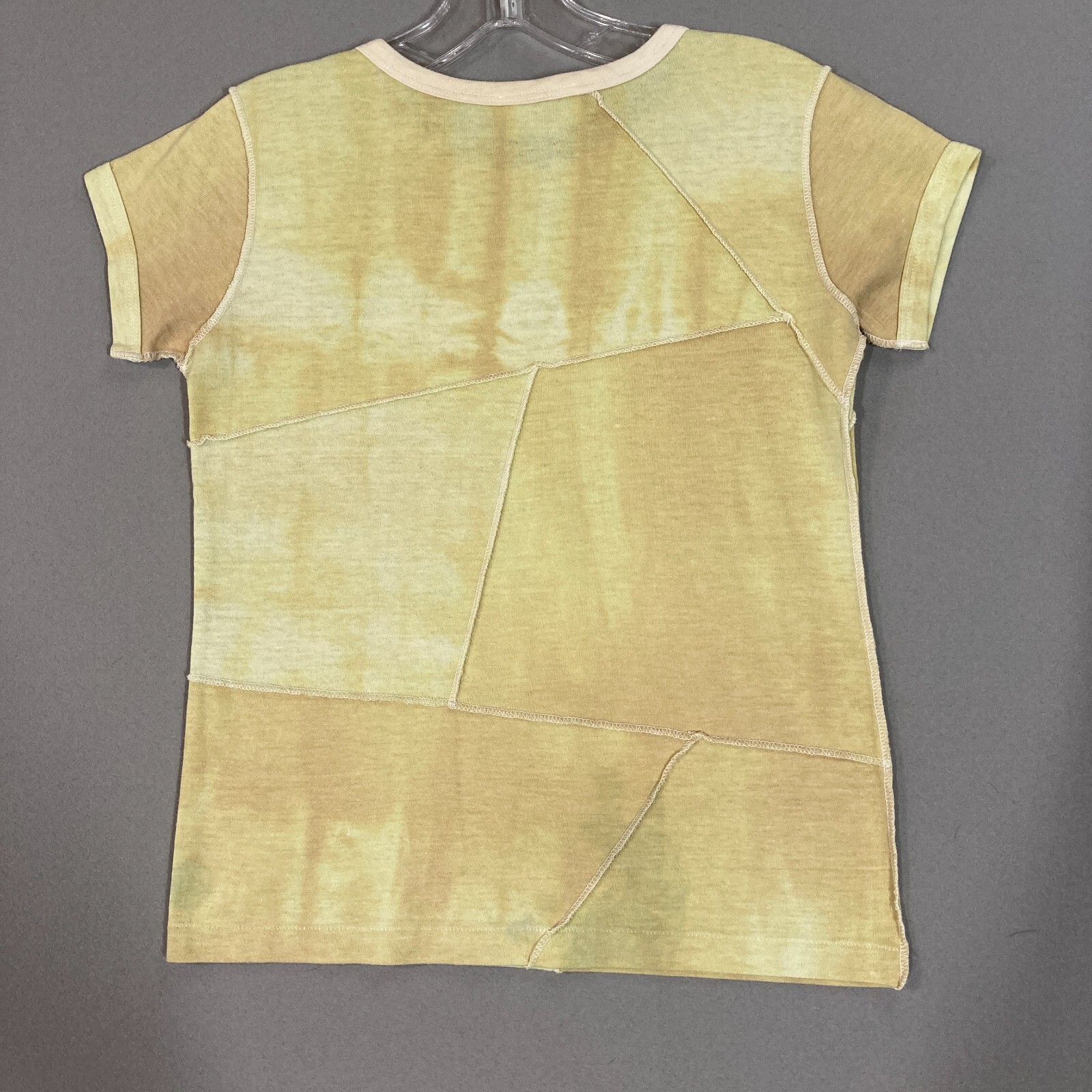 Vtg 70s Womens T Shirt Patchwork Hippy Short Sleeve Tie Dye Yellow Single Stitch