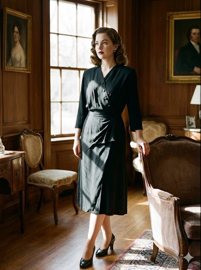 Vintage 40’s Design By Adele Simpson Black Crepe Dress w/Peplum WW2 Era 29w