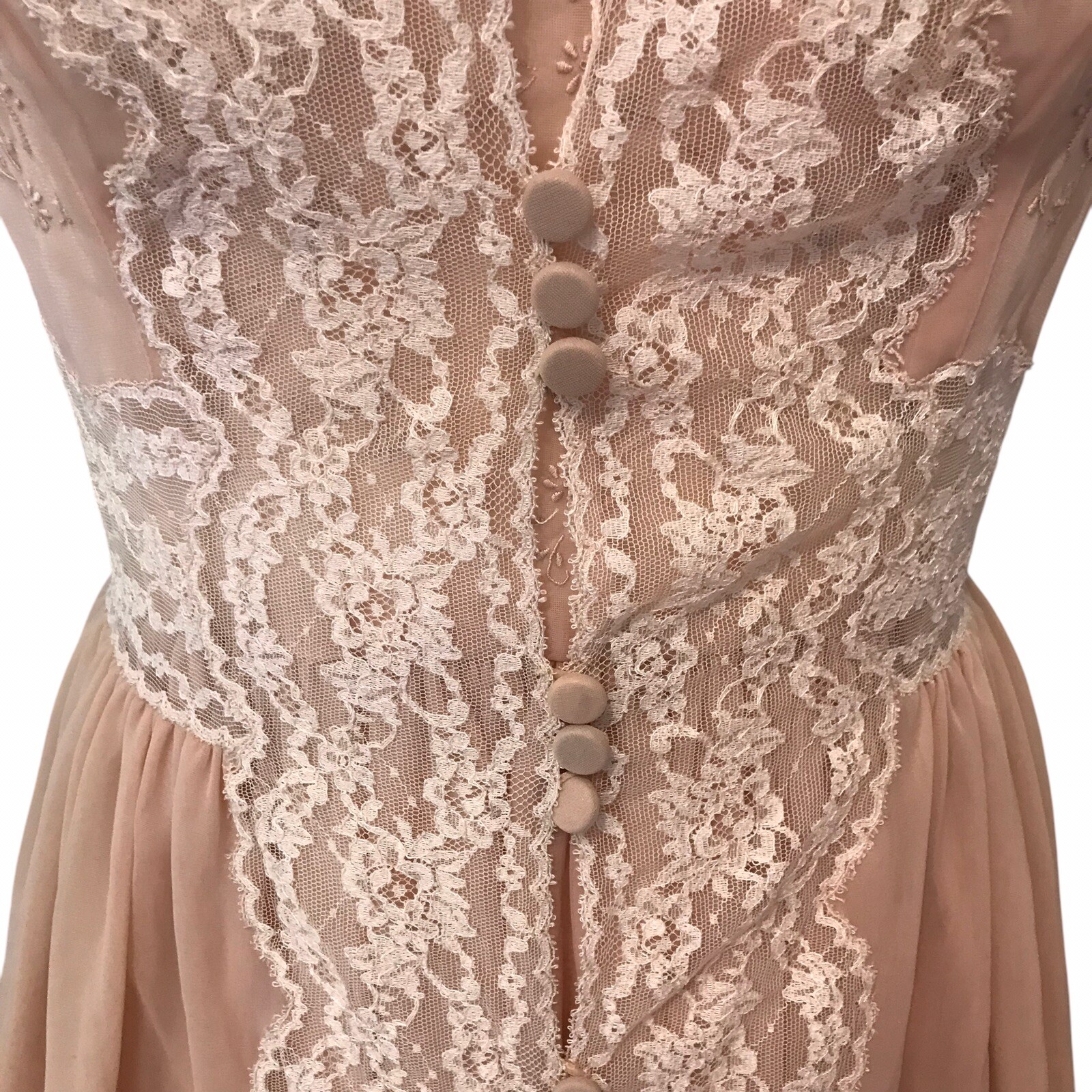 VTG Chiffon Babydoll Peignoir Set Sheer Lace Ruffle Romantic Victorian Women’s S