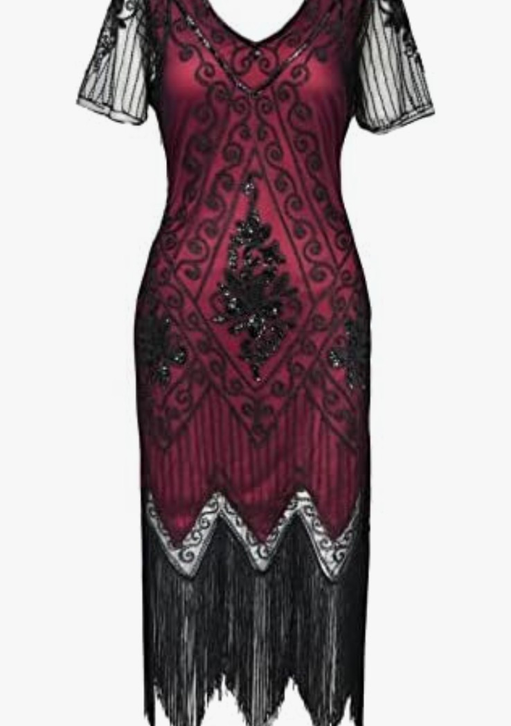 BABEYOND 1920s Art Deco Fringed Sequin Dress Roaring 20s Flapper Fancy Dress XL
