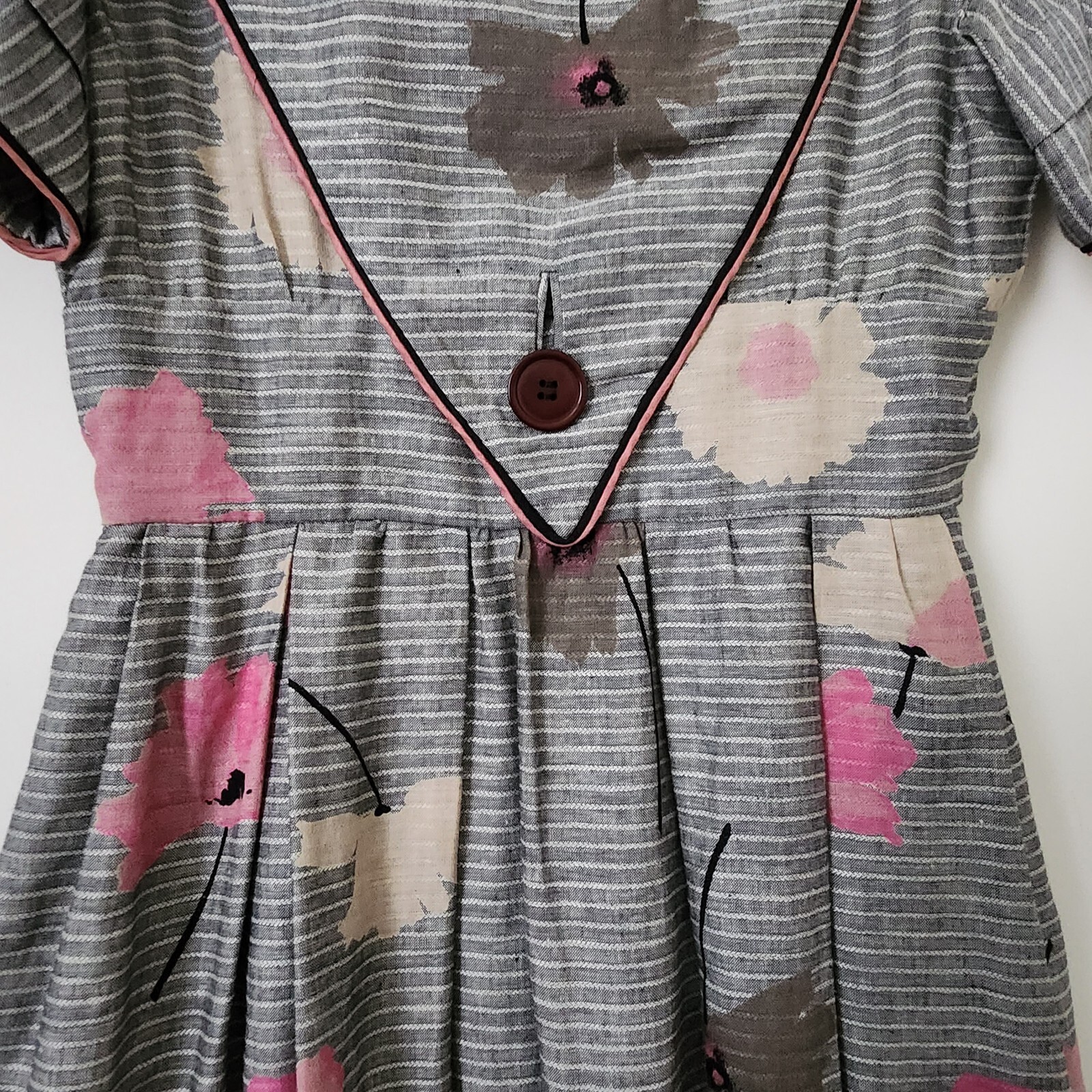 Vintage Albert Nipon Linen Cotton Gray Striped Floral Prints Dress 4 Pockets