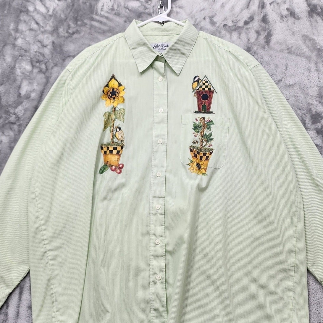 Vintage Get Lucky USA Top Womens 1X Green Striped Long Sleeve Bird House Flowers