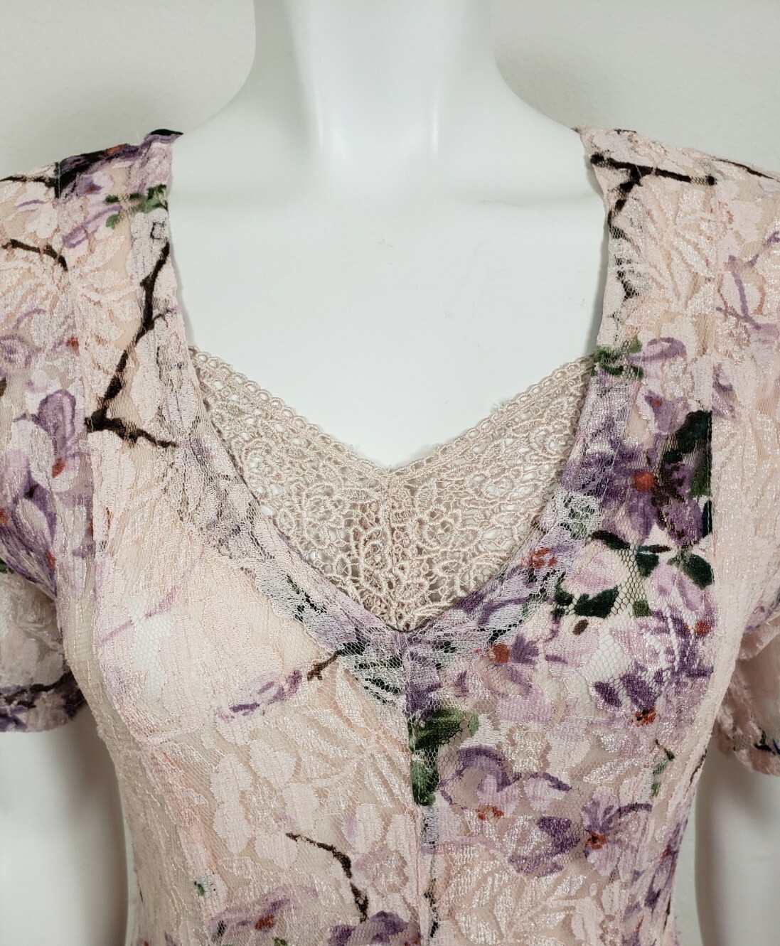 VTG Starina Womens Dress Size Small Sheer Lace Floral Short Sleeve Maxi Rayon