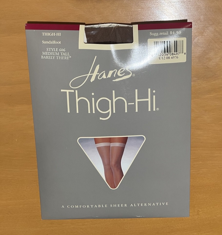 1 pr Vtg Thigh High Hanes Stockings Sheer NOS Barely There Med Tall 5’6″-5’8″