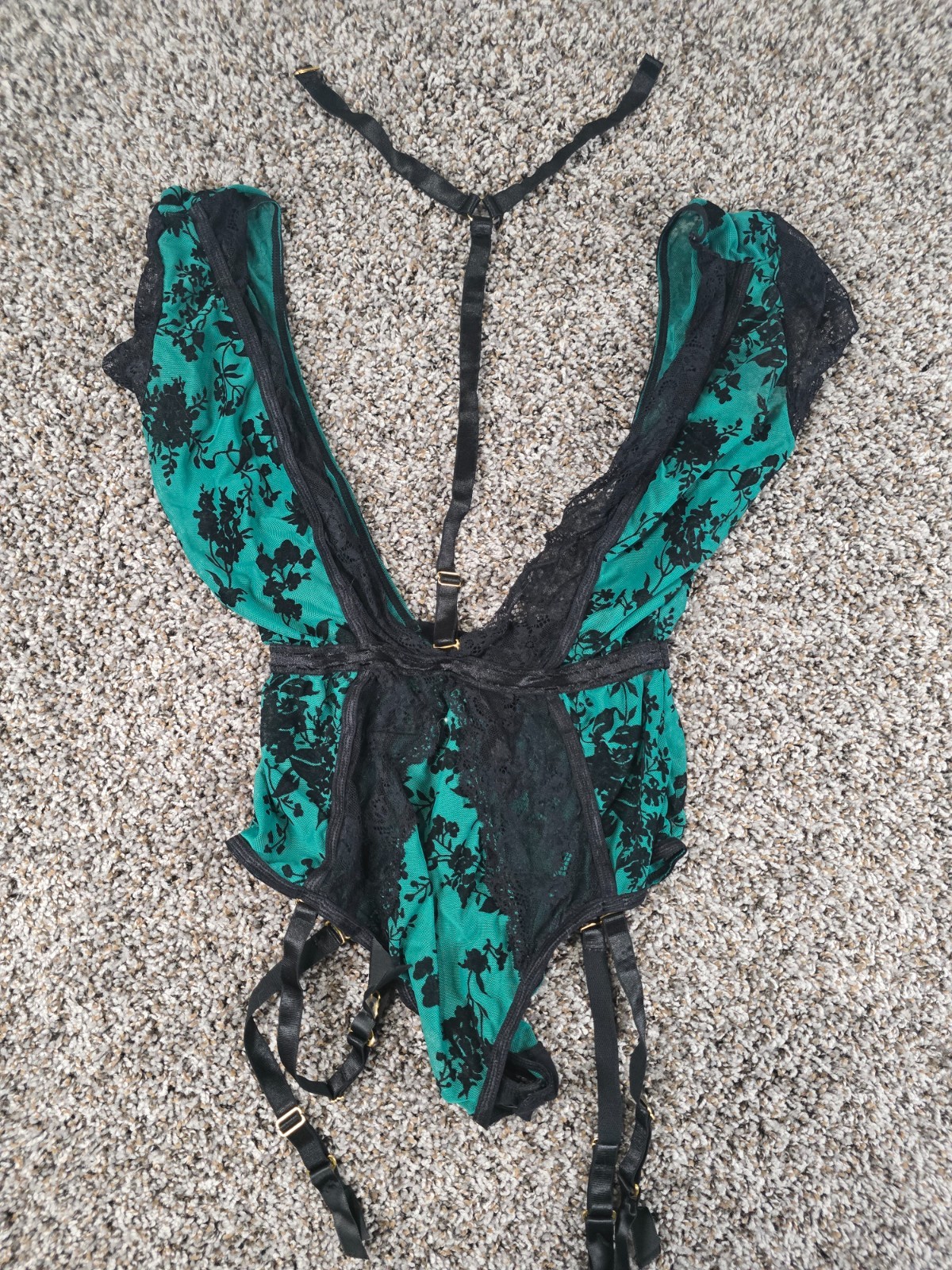Vtg Womens Sz 1X One Piece Nightie Bodysuit Green Black Lace Trim Strappy