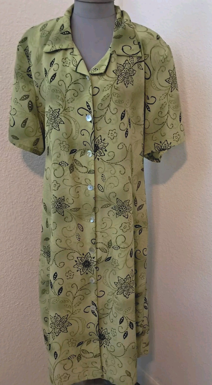 Vintage Voir Collection Dress Womens 2X Button Front Back Tie Green Floral Midi