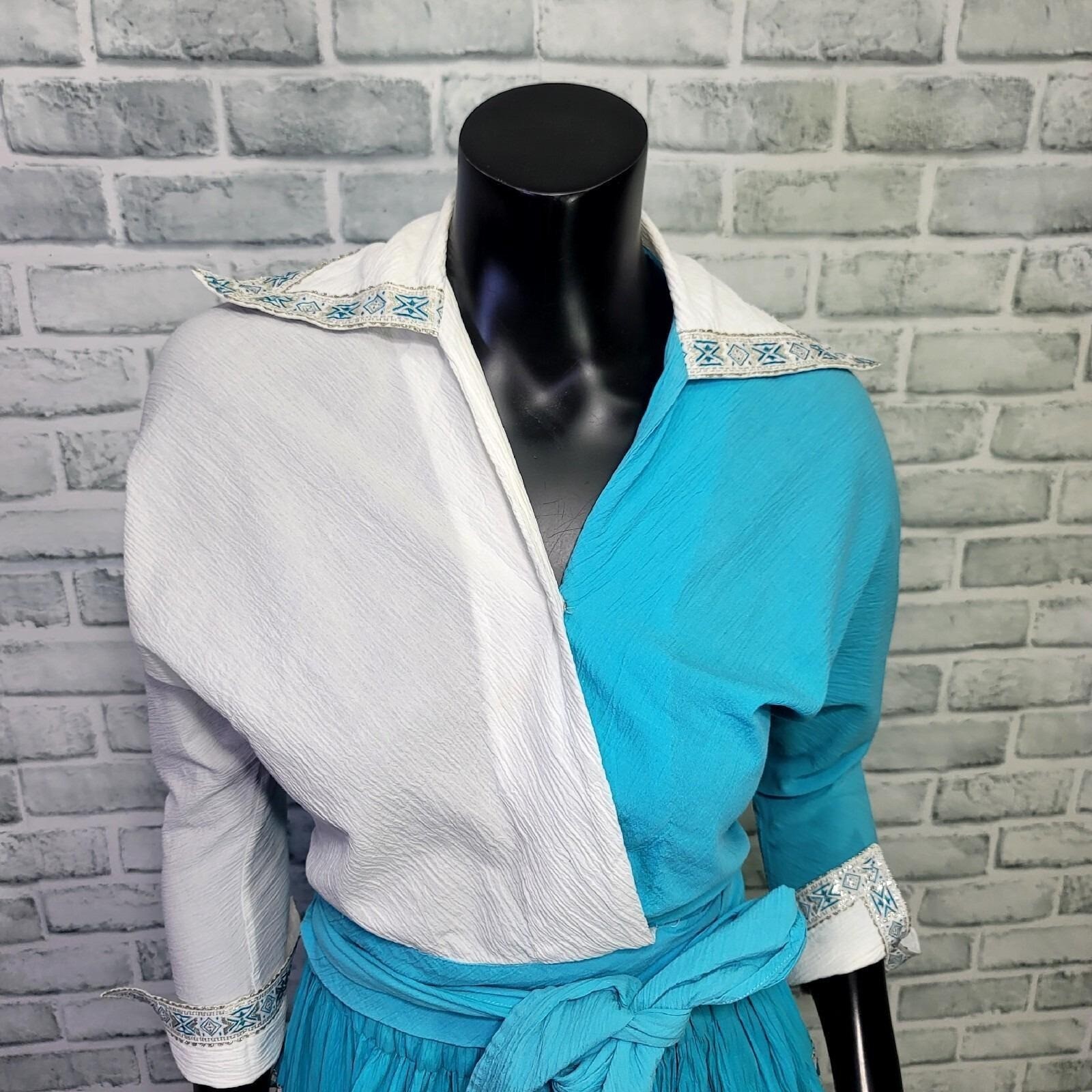Vintage 70s Blue White Crinkle Cotton Skirt Wrap Top Set Boho Folk Square Dance