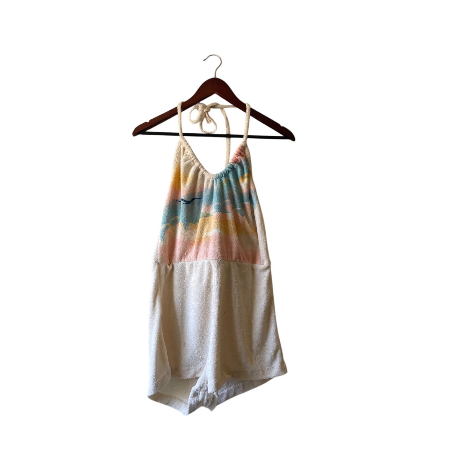 Vintage Terry Cloth 70s Halter Romper Pastel Sunset Seascape Beach small