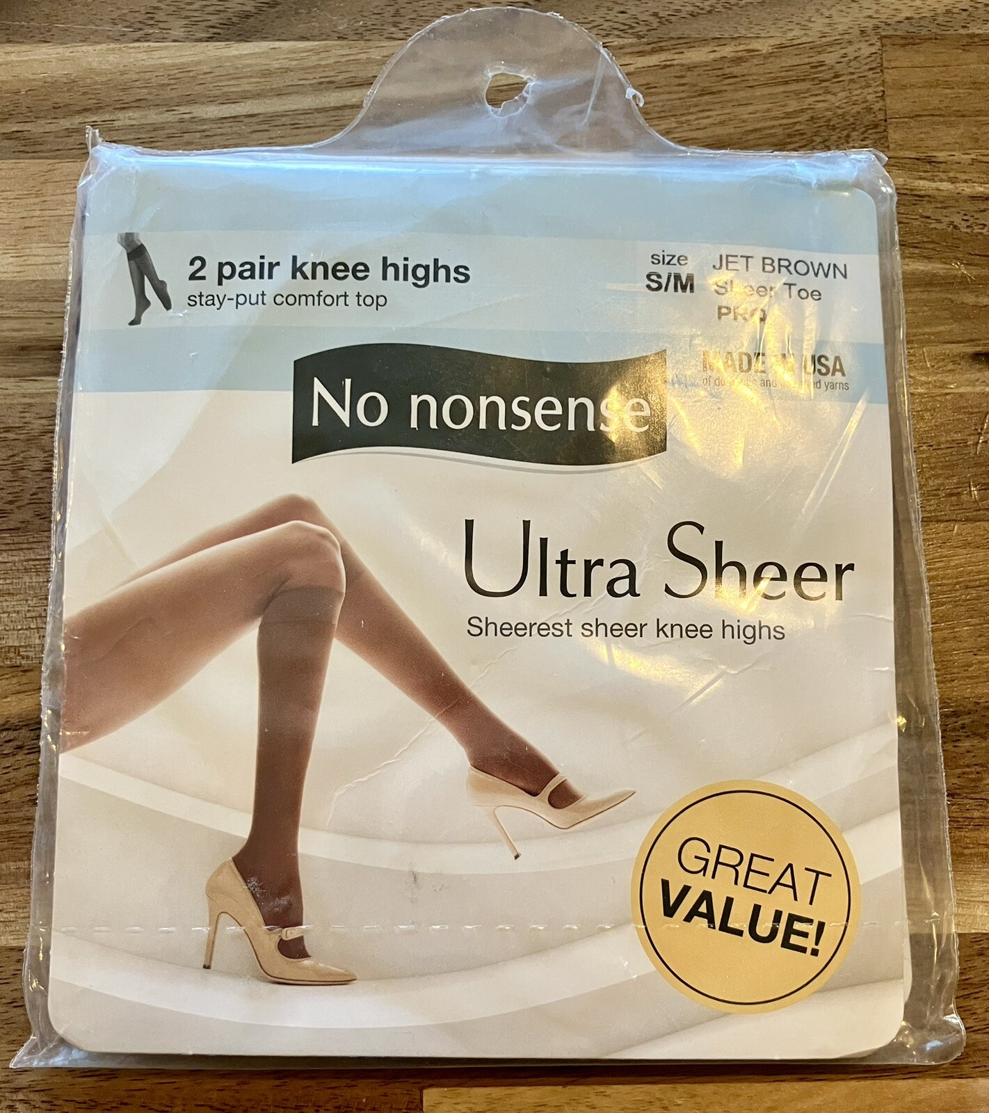 No Nonsense Ultra Sheer Knee Highs Sheer Toe Size S/M 2 Pair Jet Brown SEALED