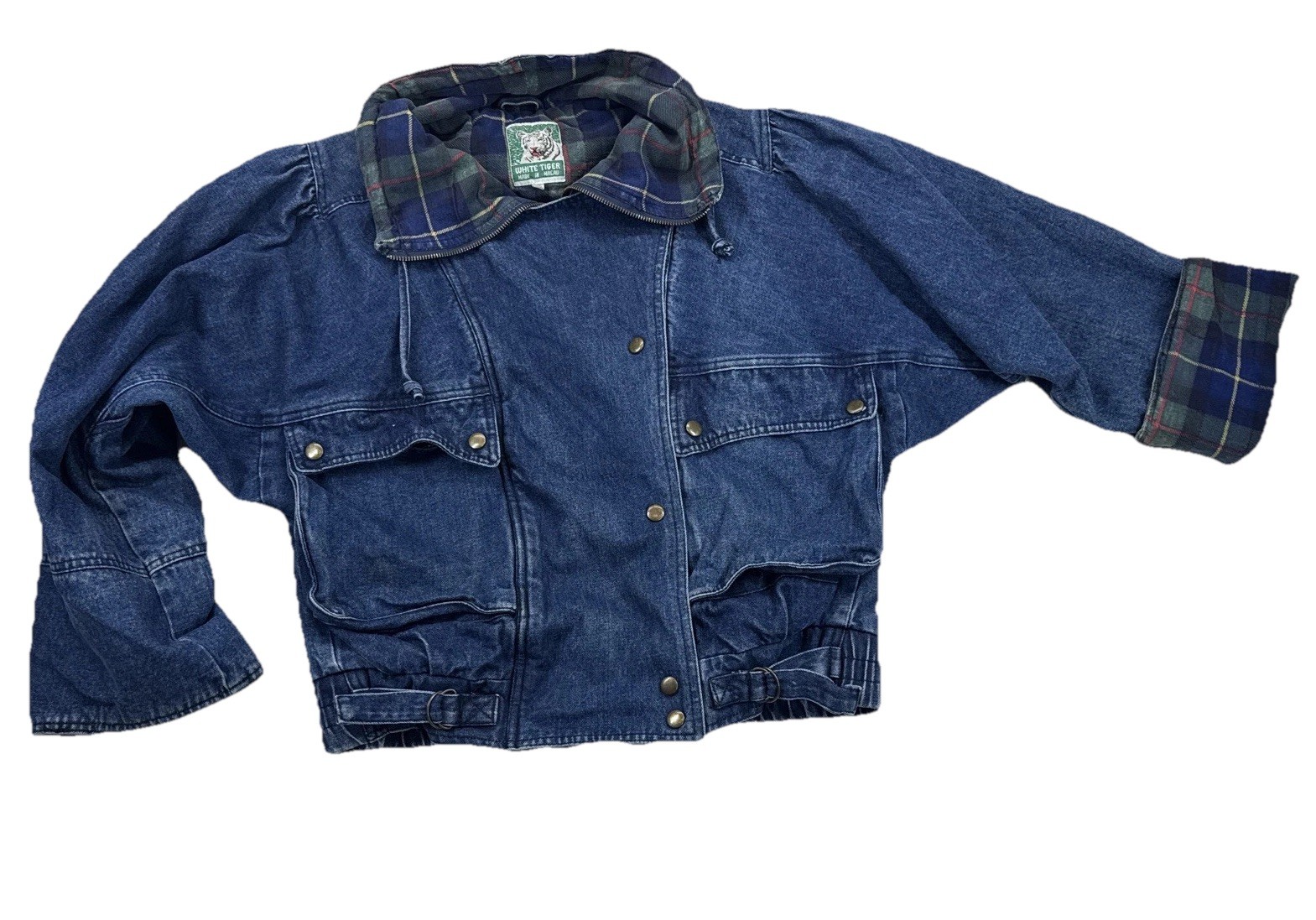 Vintage Jean Oversized Bomber Jacket with Tartan Plaid Lining Boyfriend